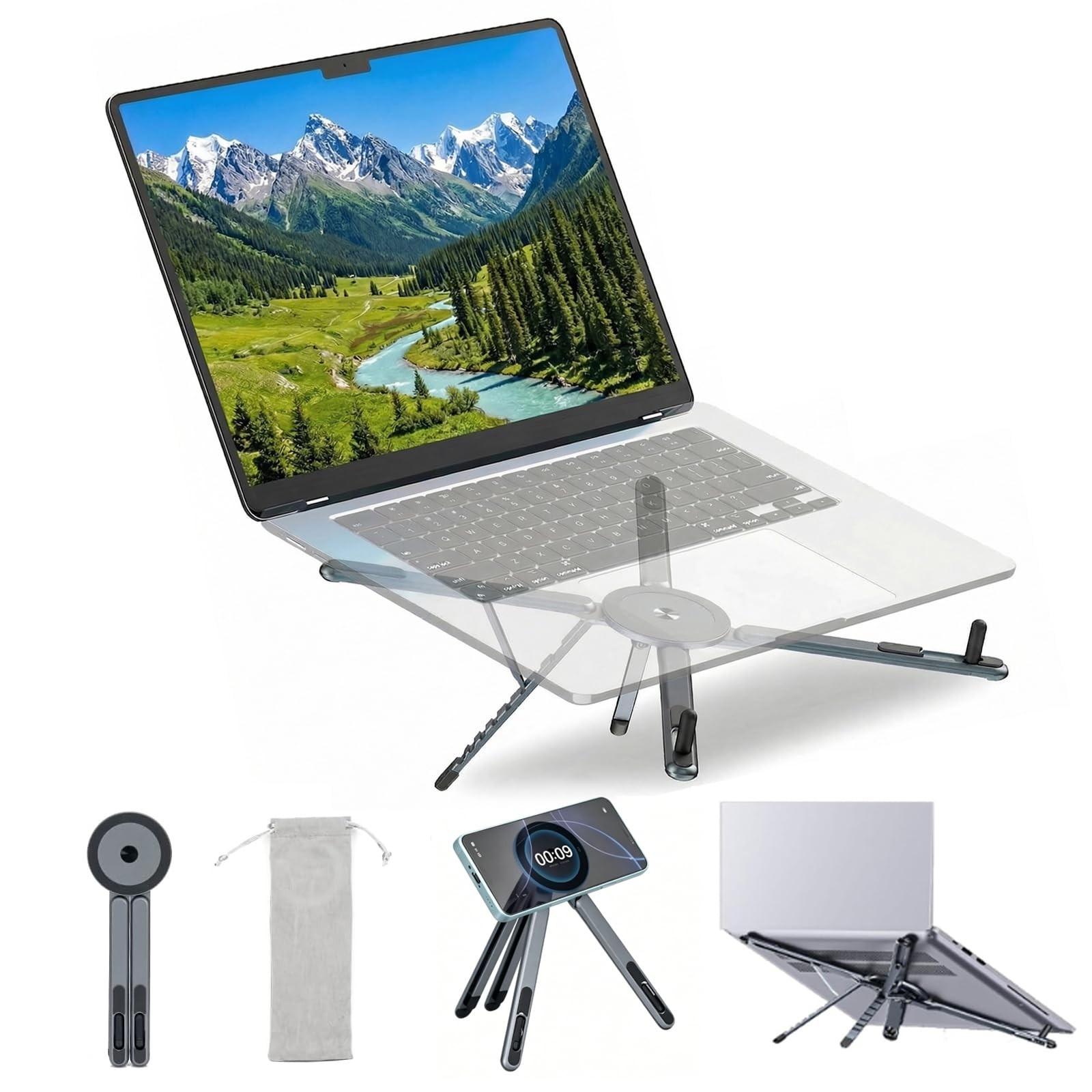 Adjustable Laptop Stand with Magnetic Phone Holder, 3-in-1 Foldable Aluminum ...