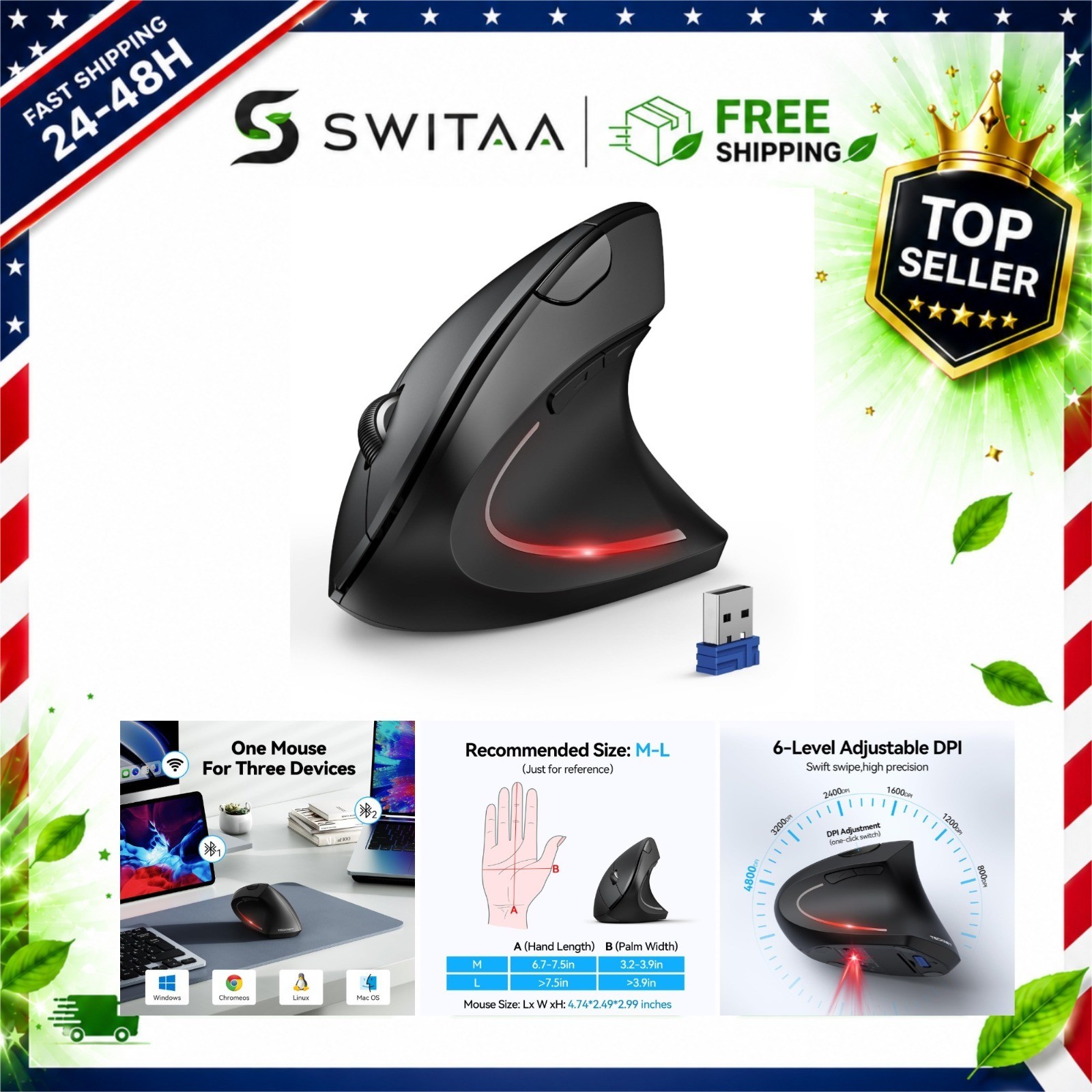 TECKNET Ergonomic Vertical Mouse 4800 DPI Wireless Bluetooth 3-Device