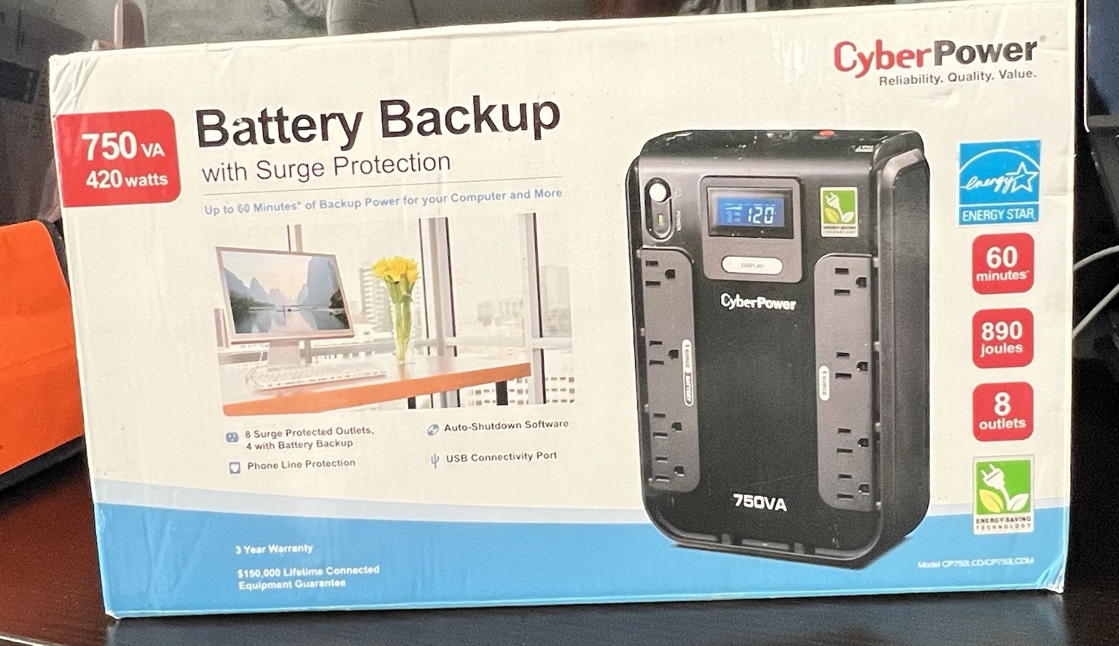 CyberPower UPS PC Battery Backup 8 Outlets 750VA 420 Watts 890 Joules New NR