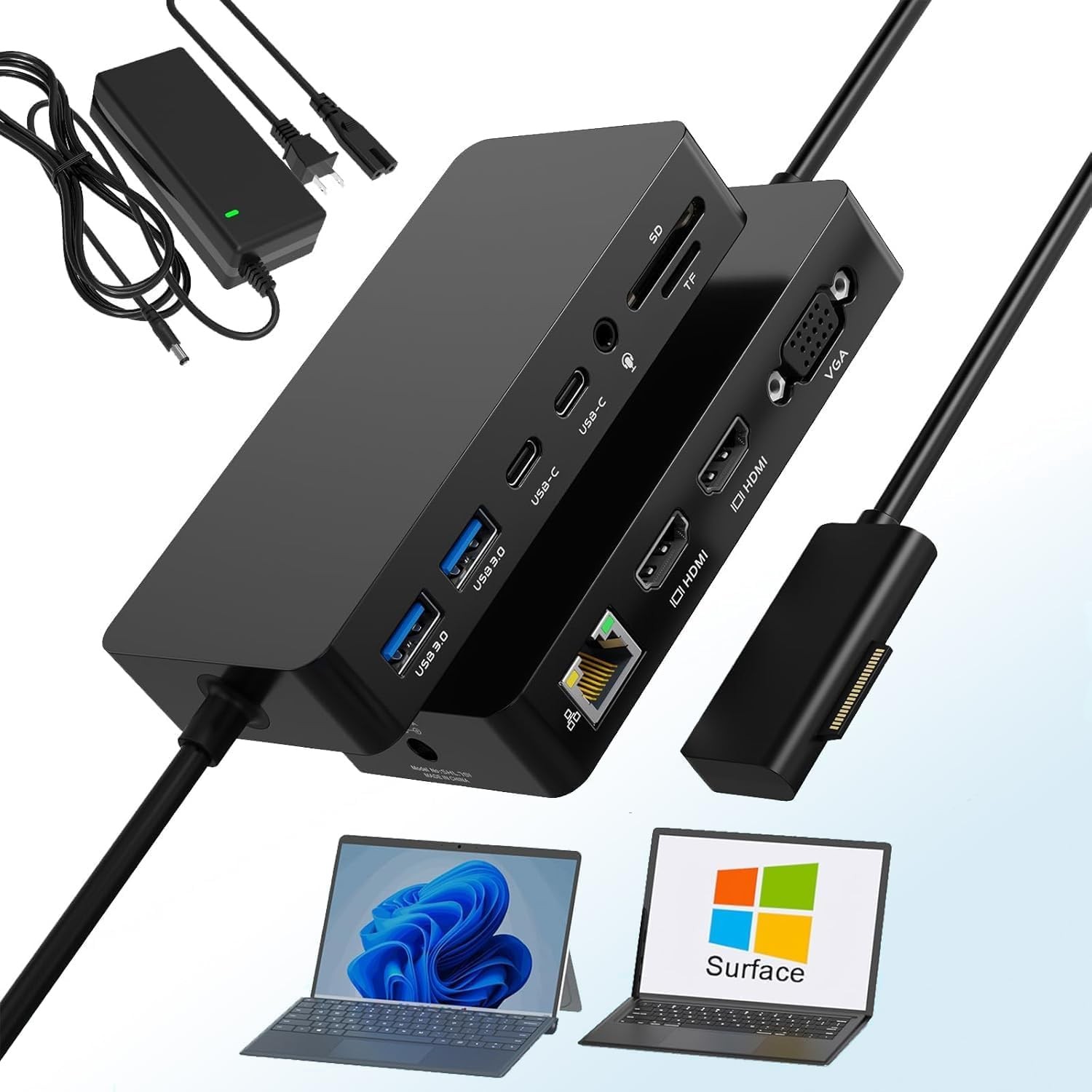 Dual HDMI+VGA Dock Works with Microsoft Surface Devices - 12-in-1 Triple Display