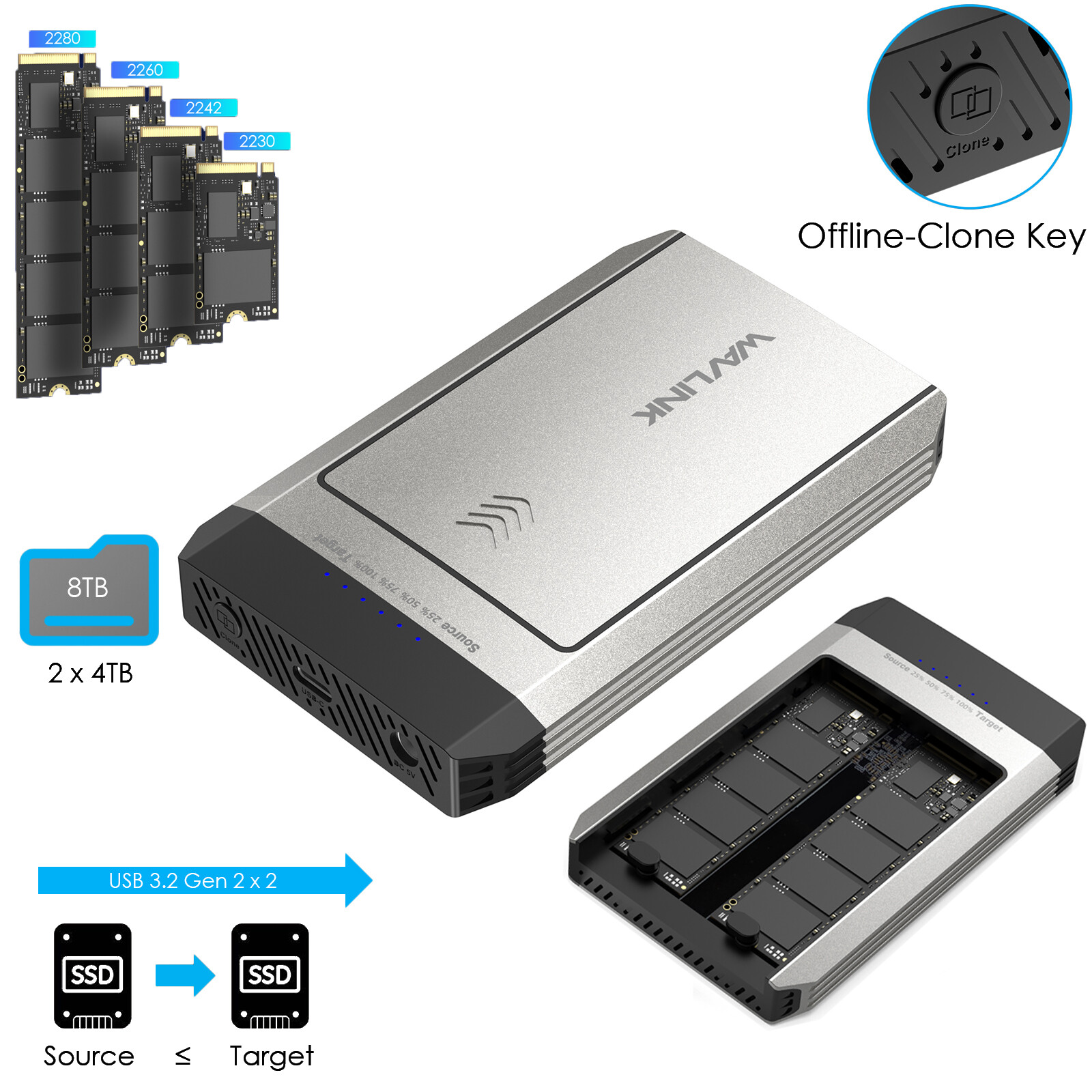 M2 PCIe SATA SSD Hard Drive Enclosure USB-C Dual-Bay 20Gbps Aluminum AHCI/NVMe