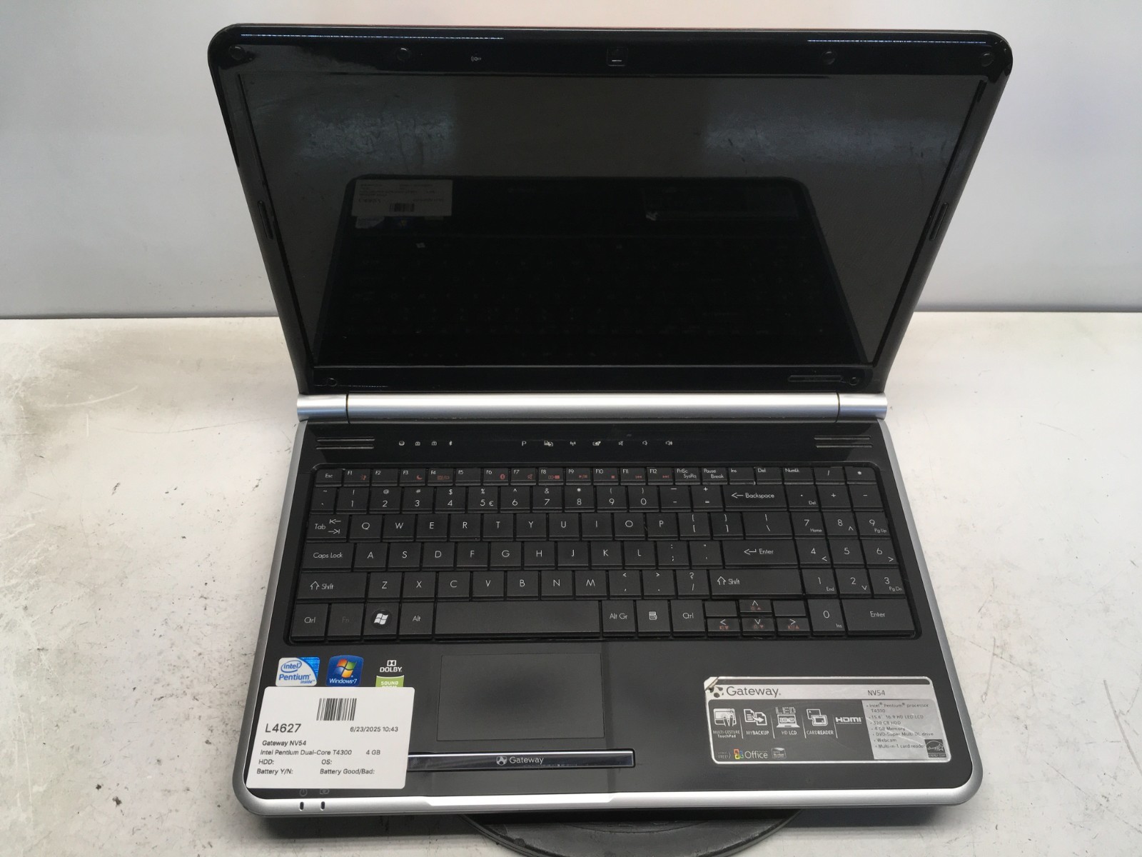 Gateway NV54 Intel Pentium Dual-Core T4300 2.1GHz 4 GB NO HDD