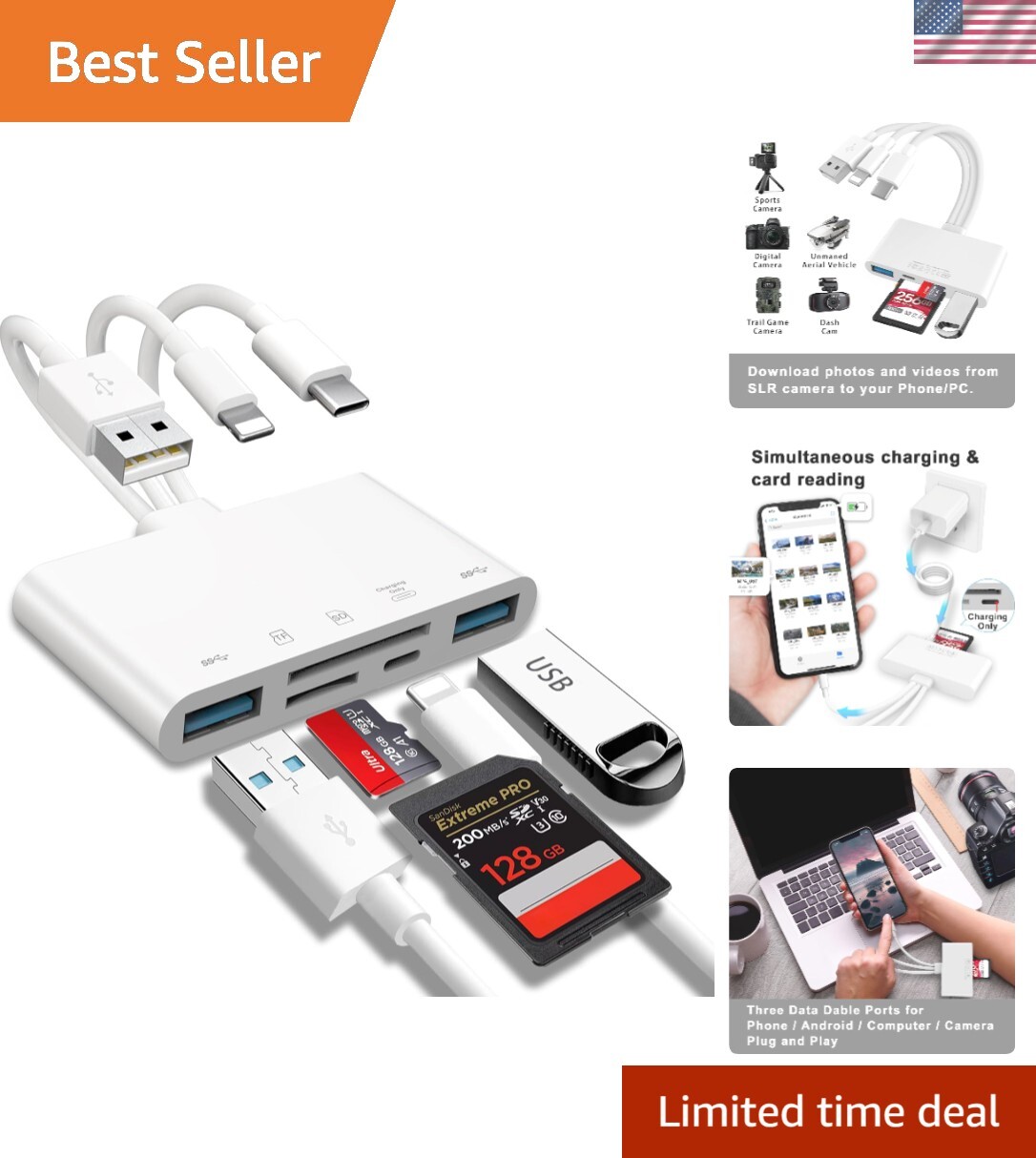 Versatile 5-in-1 Card Reader & USB Adapter for iOS & Android - Light & Portable