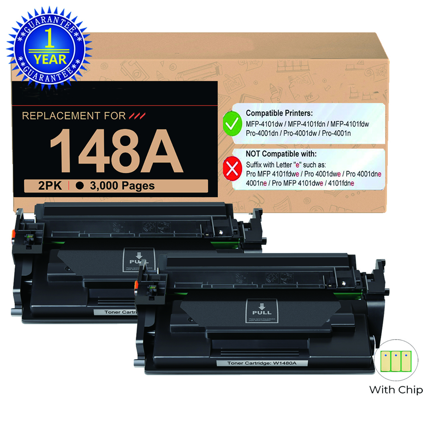 2PK W1480A Toner with Chip Compatible for HP 148A LaserJet Pro MFP 4101fdw 4001n