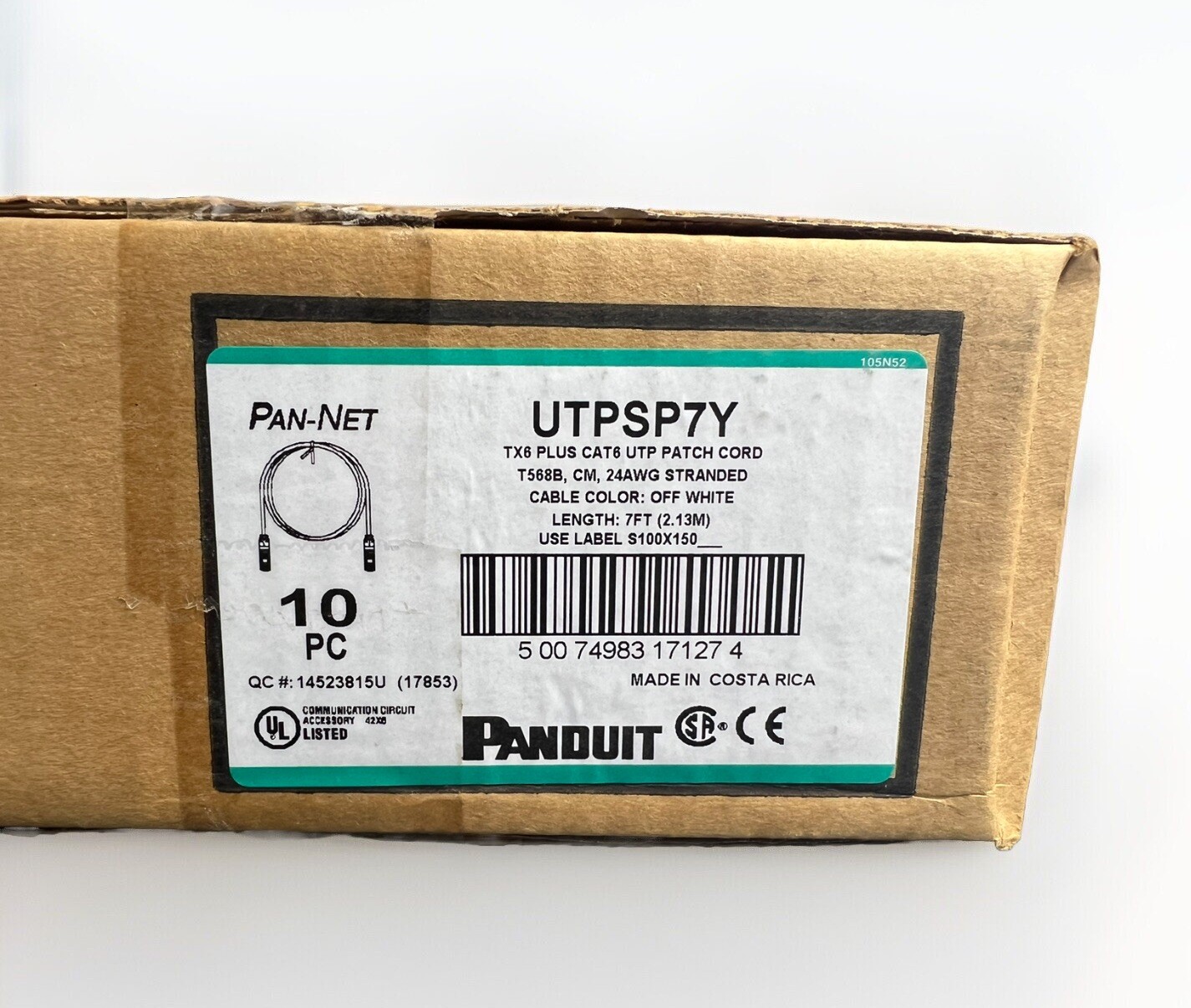 1 Box of 10 PANDUIT UTPSP7Y Cat 6 24 AWG UTP Copper Patch Cord, 7 ft, Off-White