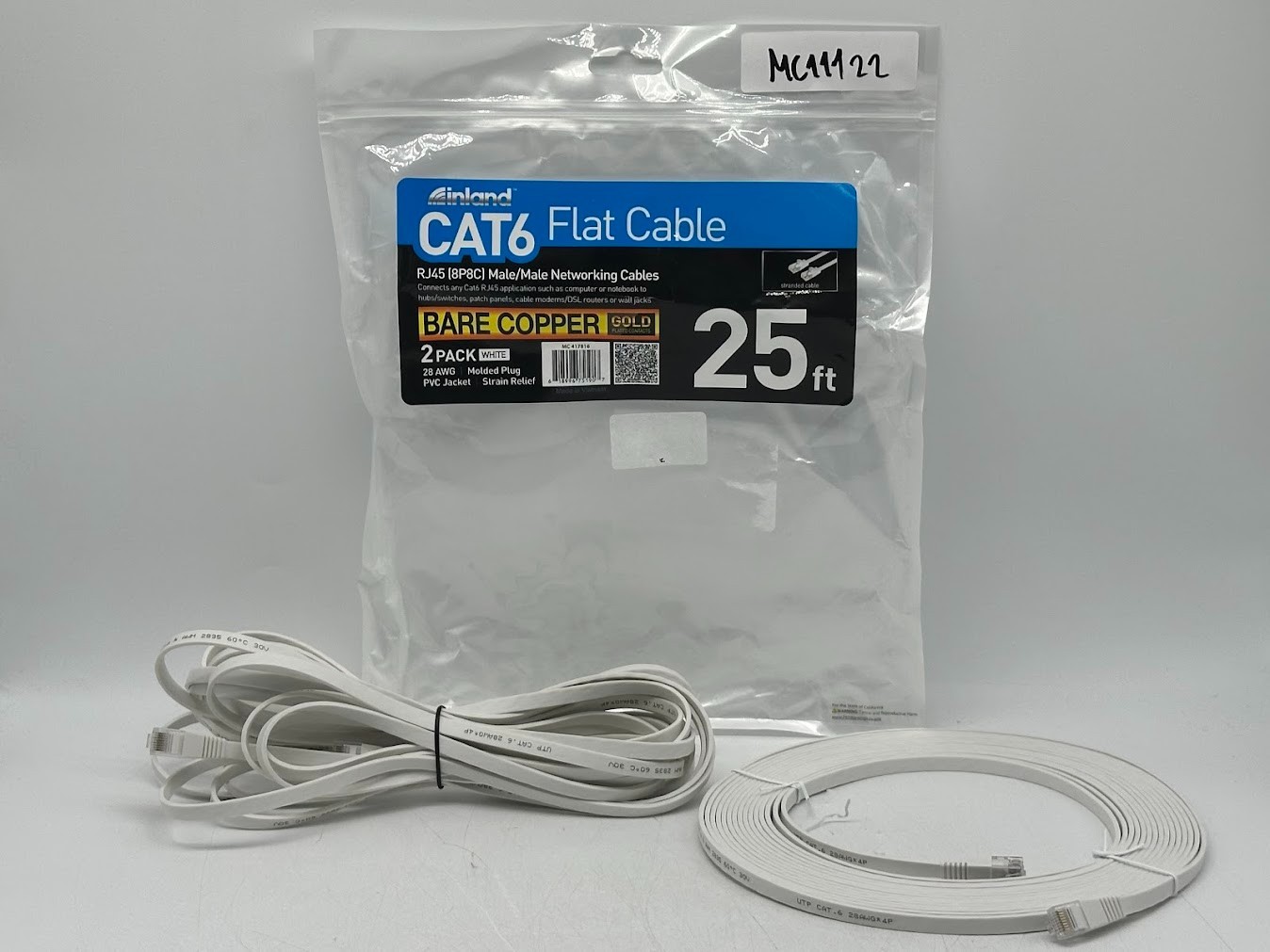 Inland 25 Ft. CAT 6 Flat Ethernet Cables 2-Pack - White