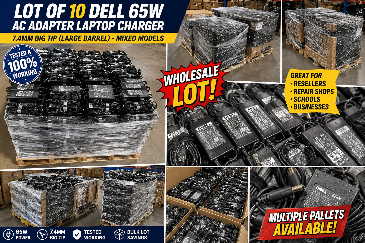 🔥🔥Lot of 10-Dell 65W Big Barrel AC Charger Laptop Power Adapter Mixed Models