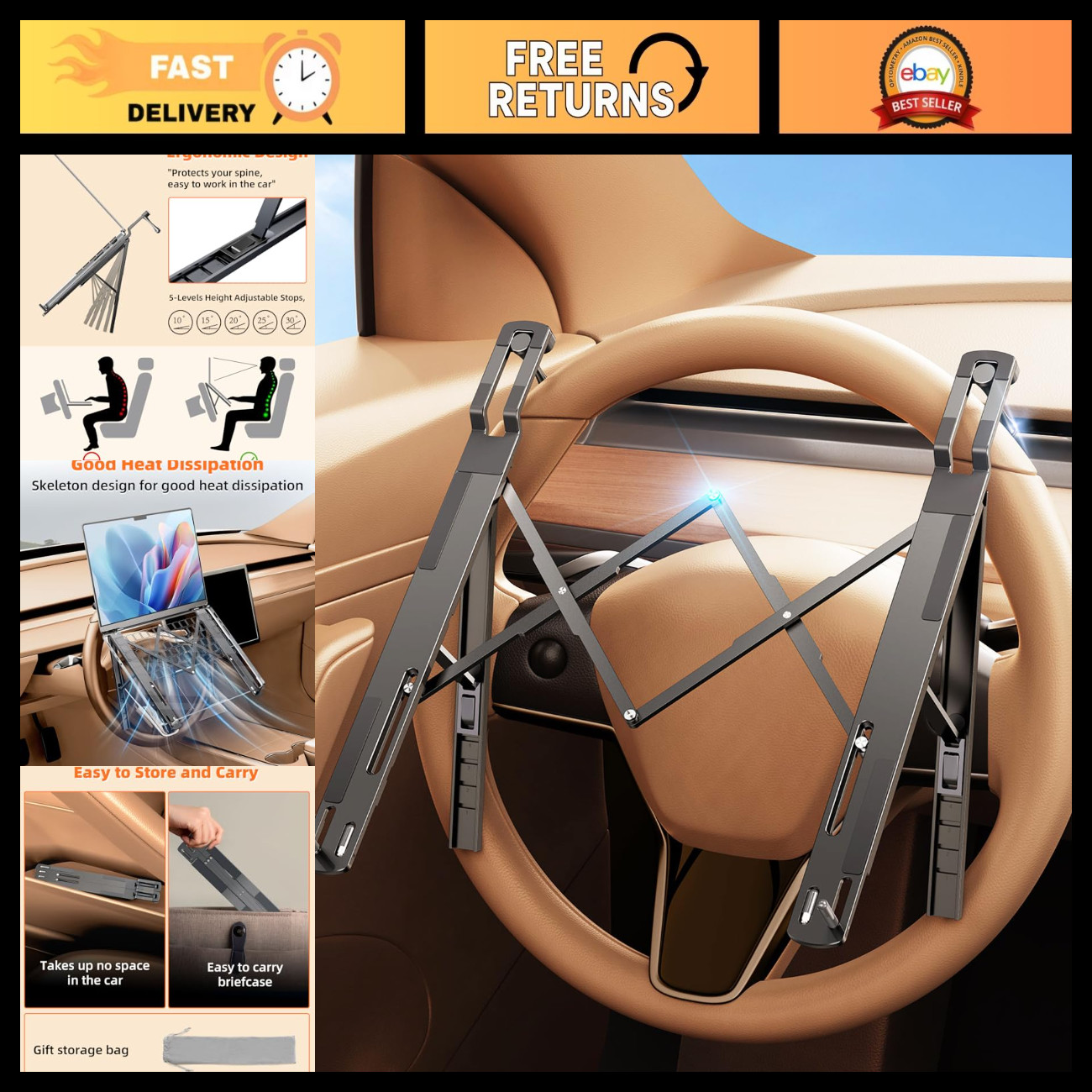 Adjustable Car Laptop Mount Steering Wheel Tray, Portable Desk for Laptop & Tabl