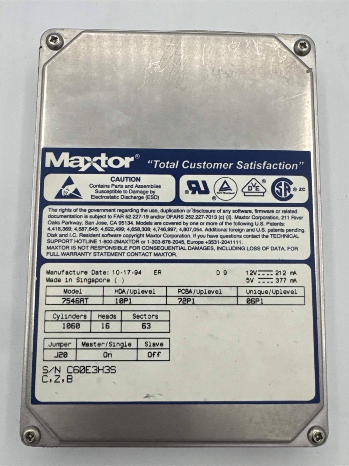 Maxtor 7546AT Hard Drive IDE Untested Parts Only