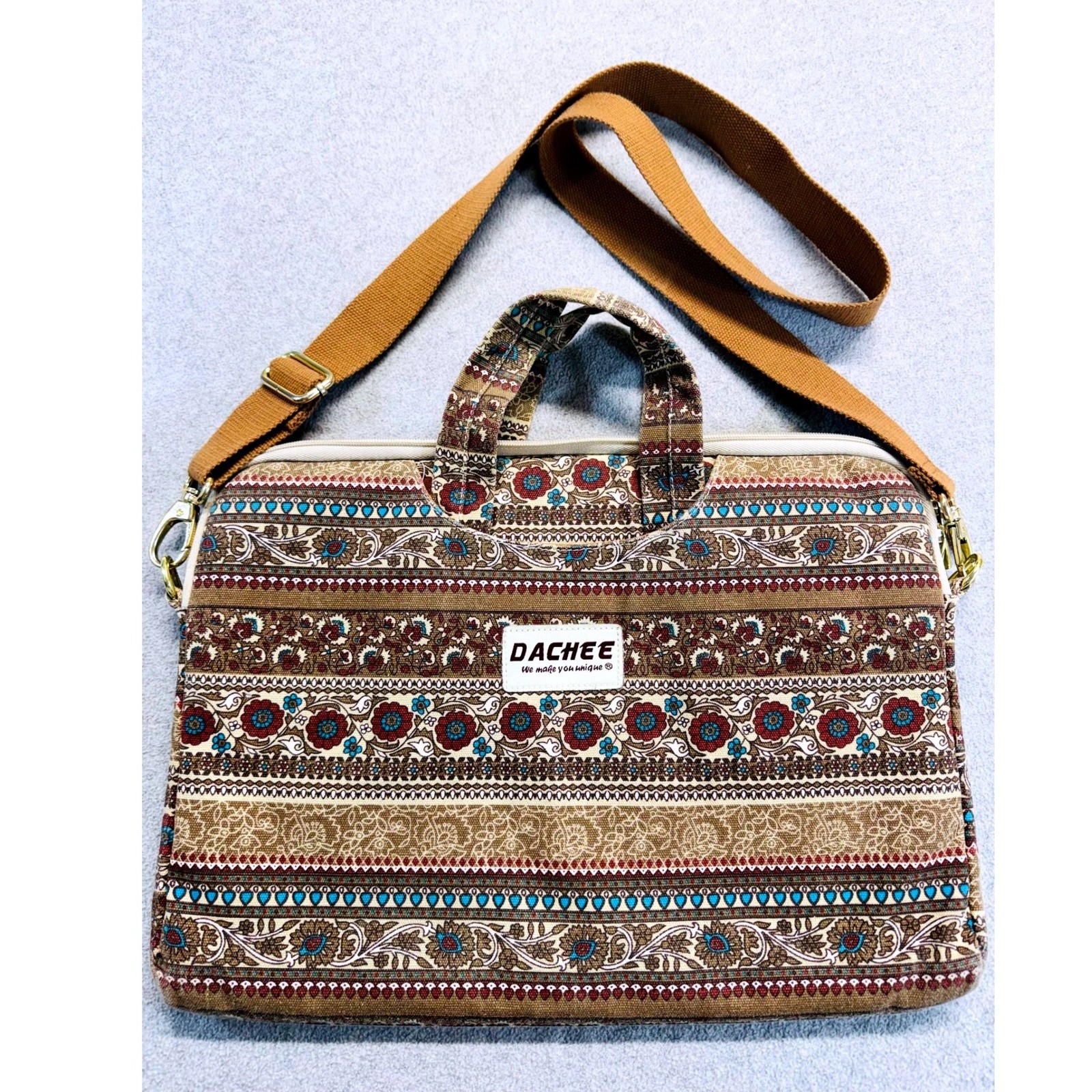 Dachee Laptop Messenger Bag Womens 15.6 Inch Brown Boho Floral Tapestry Canvas