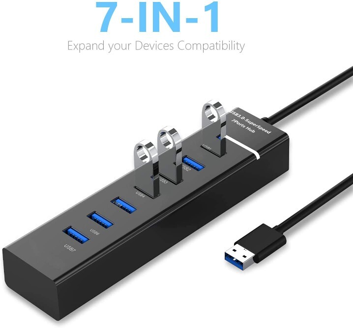 7-Port USB 3.0 Hub,  Data USB Hub Splitter with 3.3Ft Long Cable for Laptop, PC,