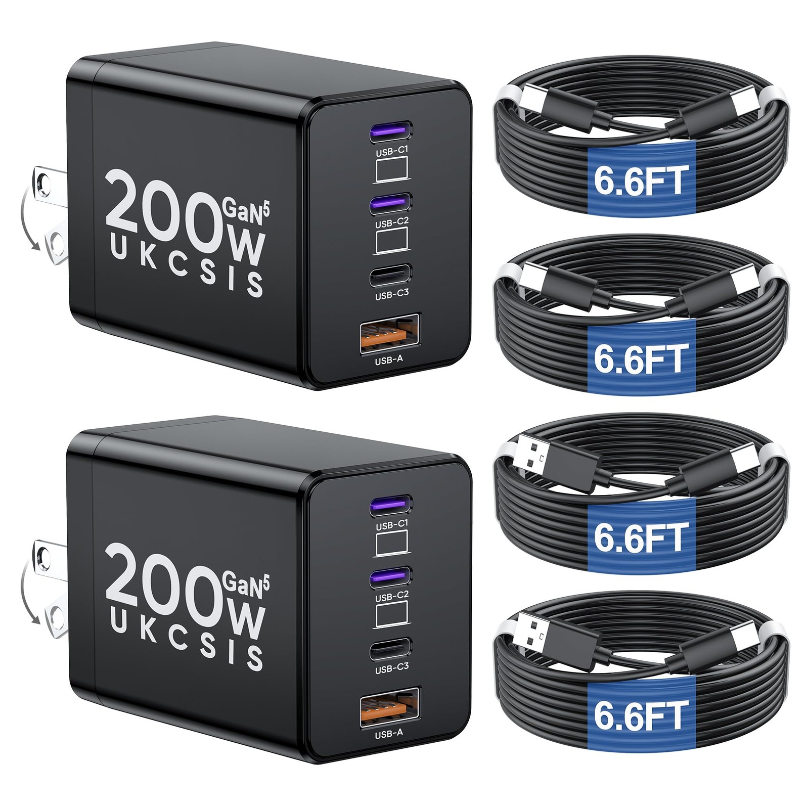 2 Pack 200W USB C Charger Block, Foldable 4-Port GaN5 Super 2 Pack, Black