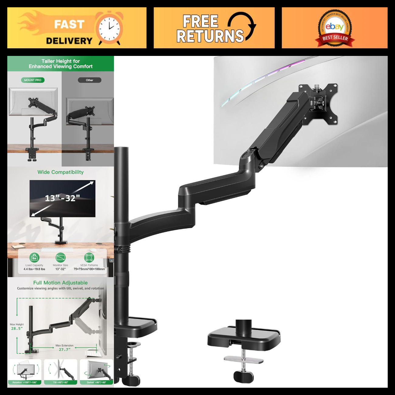 Adjustable Long Monitor Arm for 13-32" Screens, Tilt & Swivel Desk Mount, VESA 7