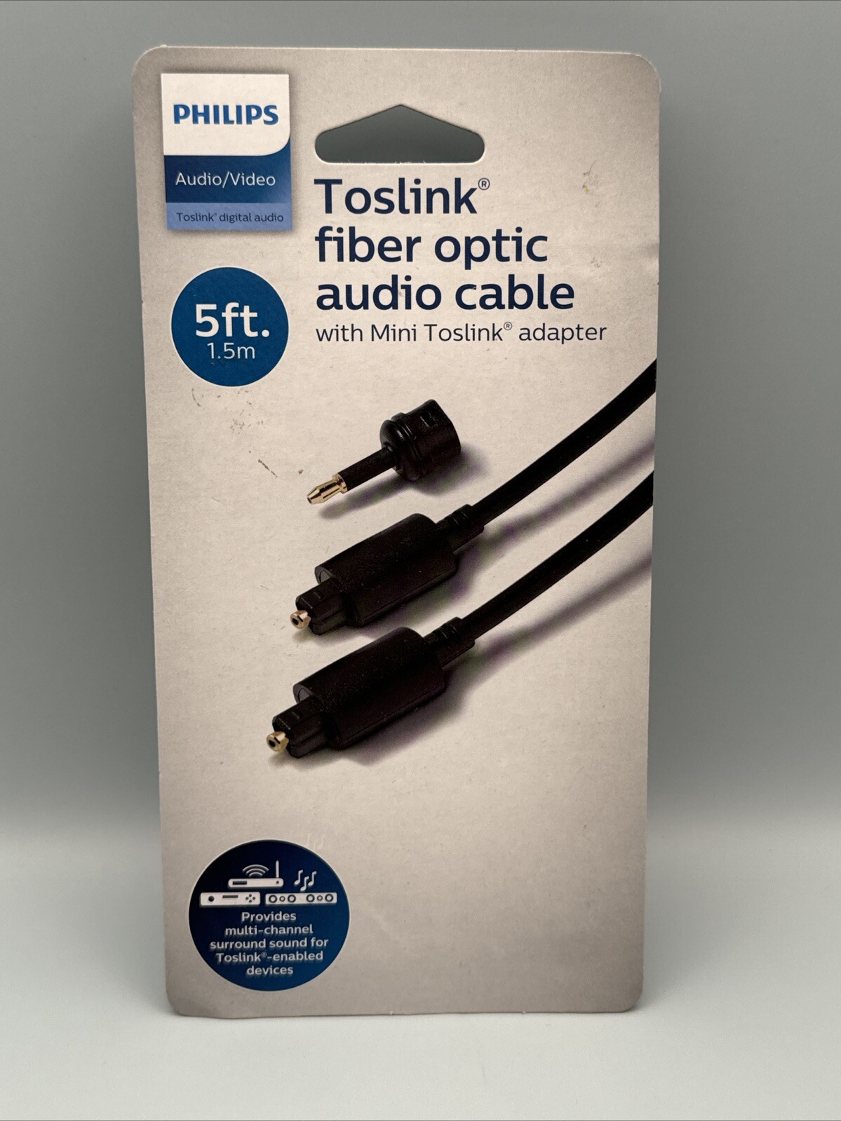 Philips Toslink Fiber Optic Audio Cable w/ Mini Toslink Adapter 5 Feet - NEW