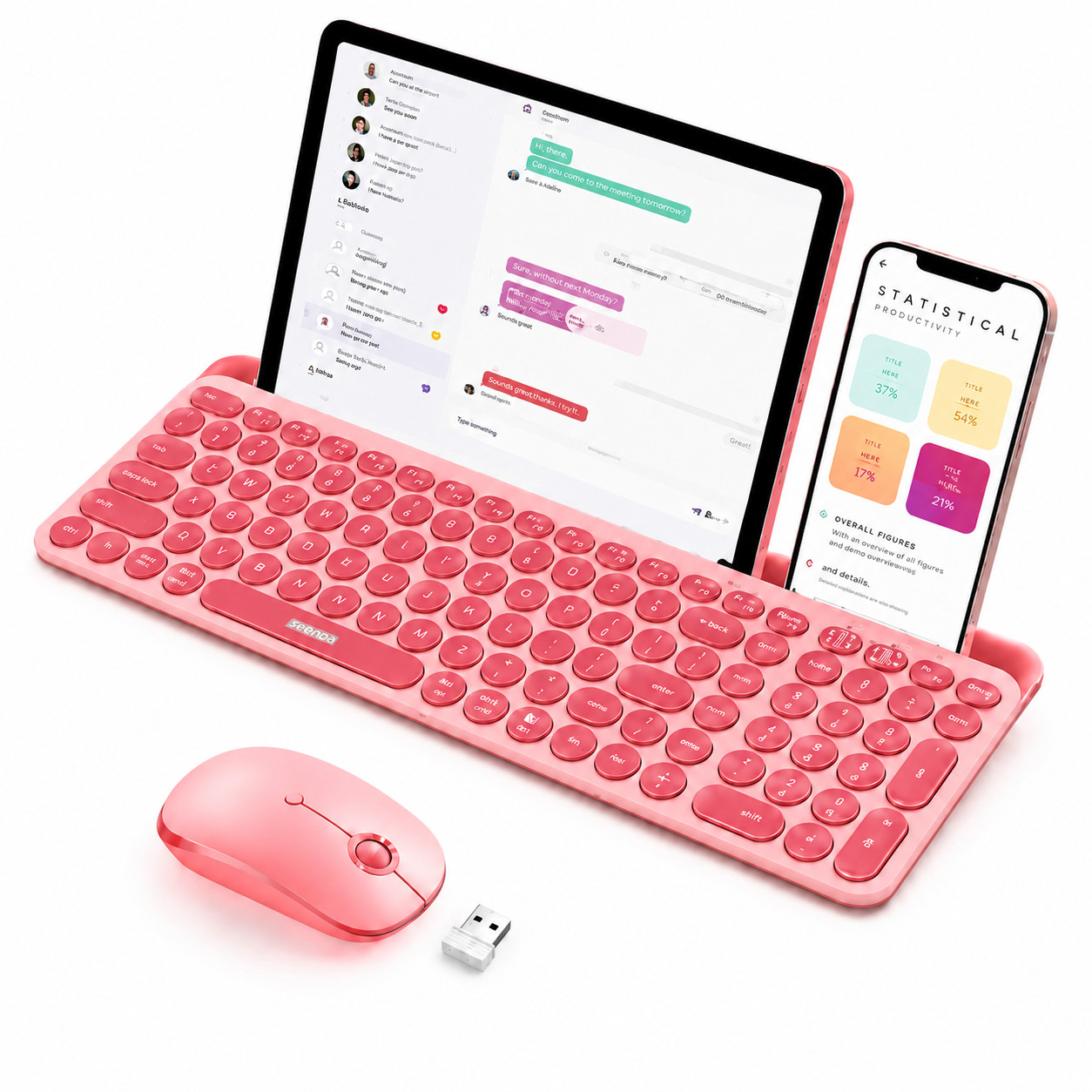 Seenda CBD2 Bluetooth Keyboard Mouse Combo for iPad 2.4G Dual Mode Coral Pink