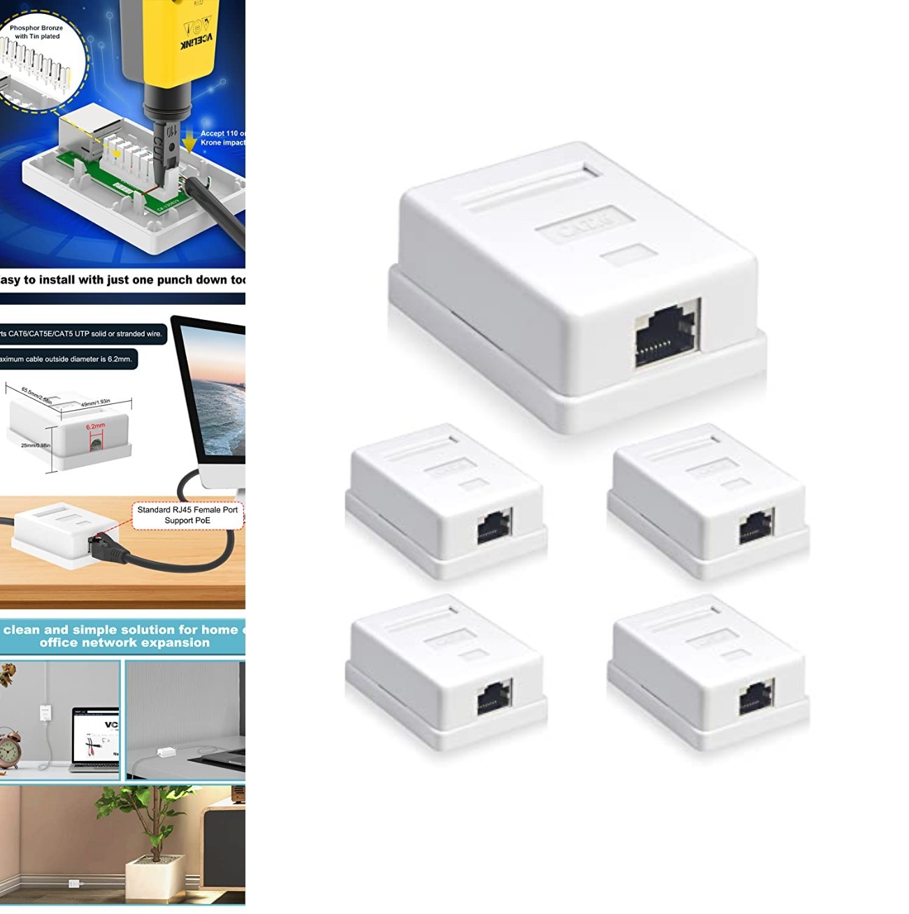 Cat6 RJ45 Surface Mount Box Shielded 1 Port 5 Pack White Keystone Wall Plate