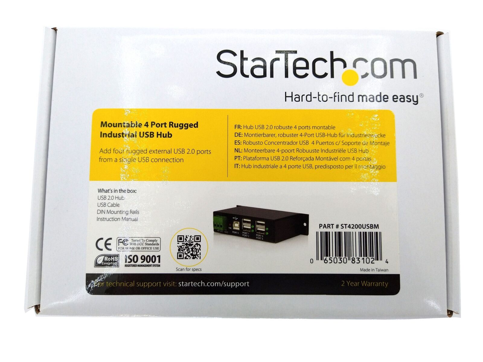 New StarTech ST4200USBM Rugged Industrial 4-port USB2 Hub w/ USB Cable