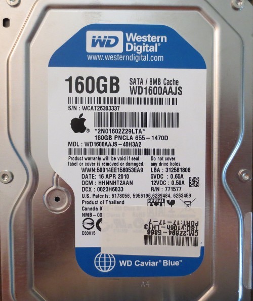 WD1600AAJS-40H3A2 Apple#655-1470D 160gb Sata Desktop Drive