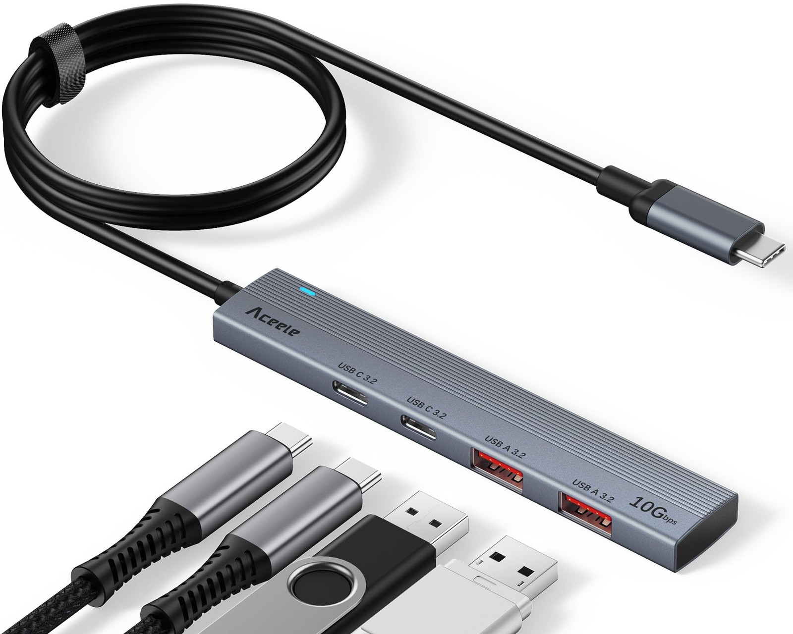 10Gbps USB Hub, 4 Ports USB 3.2 HUB with 2 USB-3.2 and 2 USB-A 3.2 Ports, 3.3...