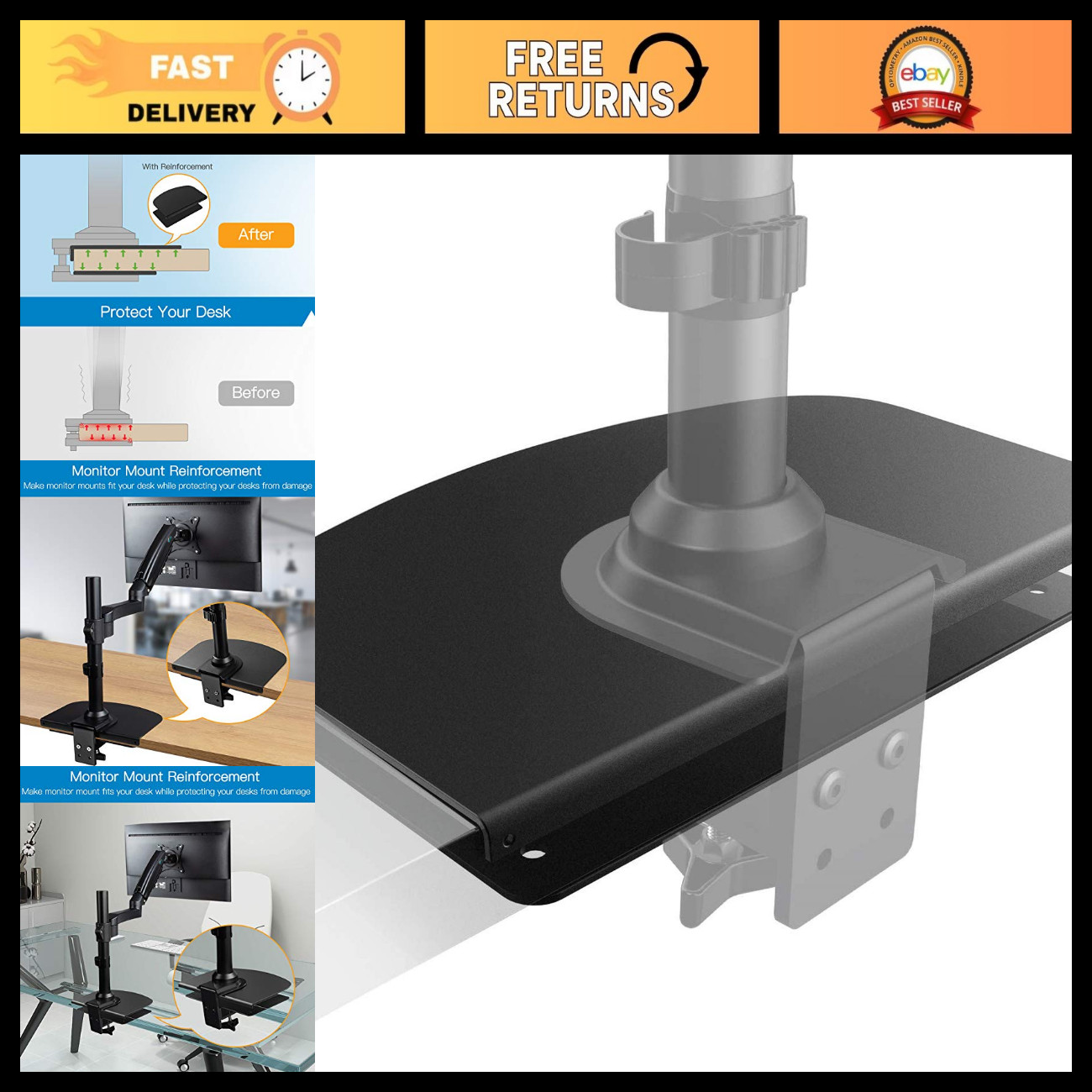 Steel Monitor Mount Reinforcement Plate for Thin Glass Tables - C Clamp Compatib
