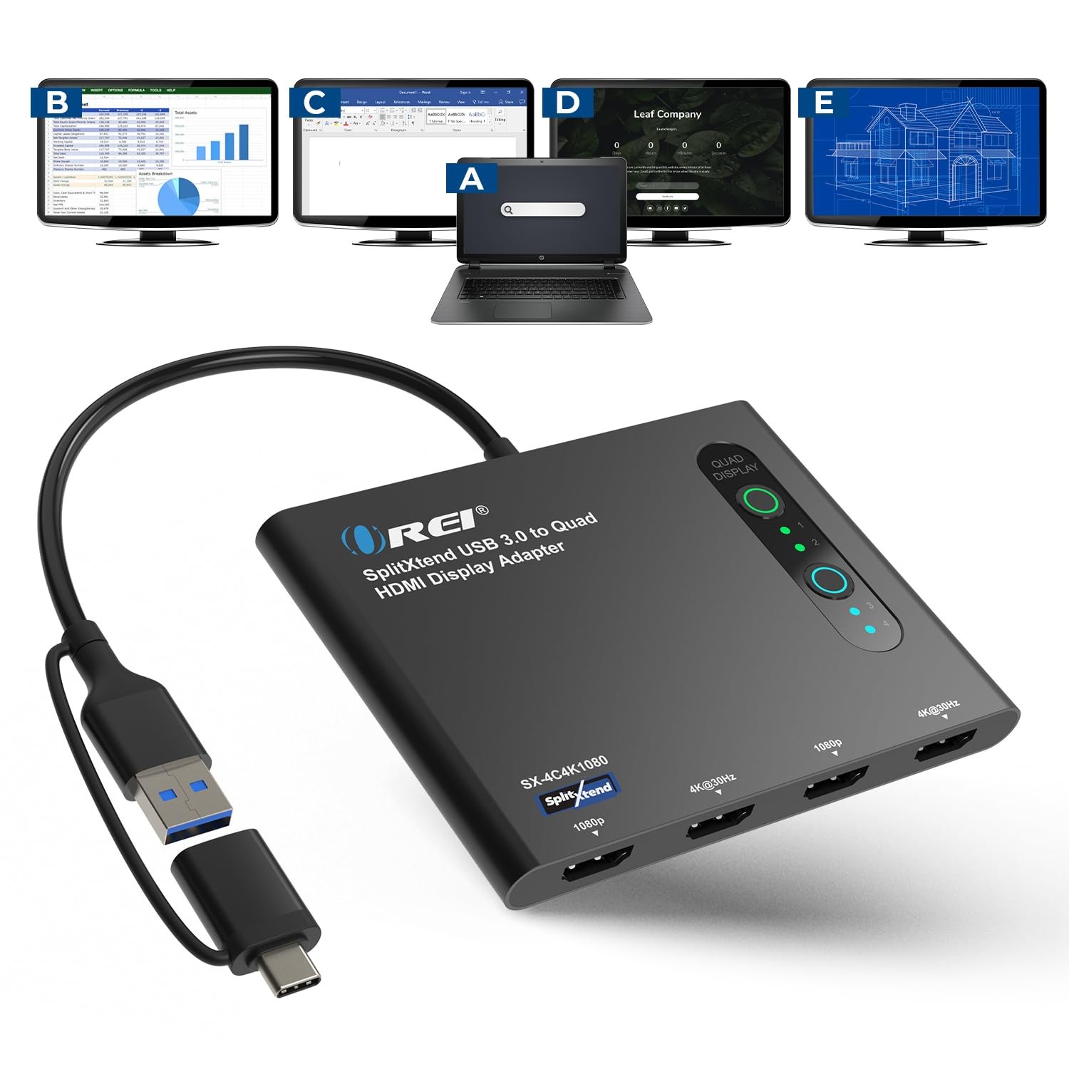 OREI SplitExtend HDMI Splitter Extended Display for Quad Monitor - Multi-Moni...