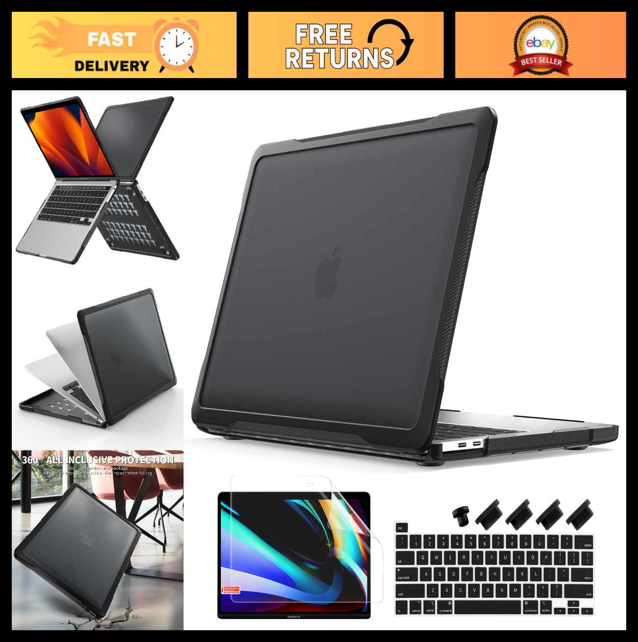 4-in-1 MacBook Pro 13" Case - Matte Rugged Armor Shell, Shockproof Bumper, Anti-