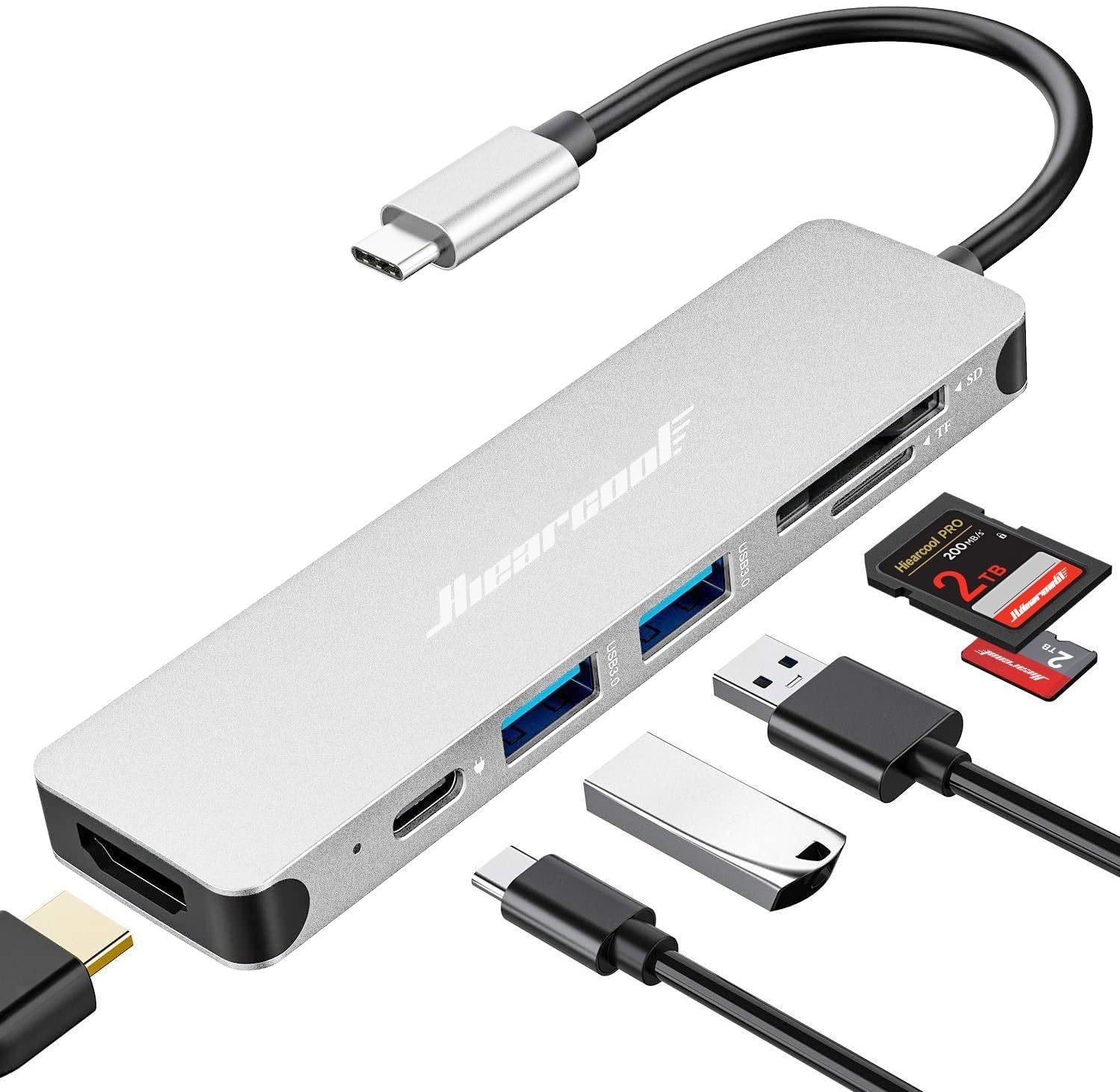 Hiearcool 7-in-1 USB C Hub, USB C Dongle Compatible for MacBook, Silver
