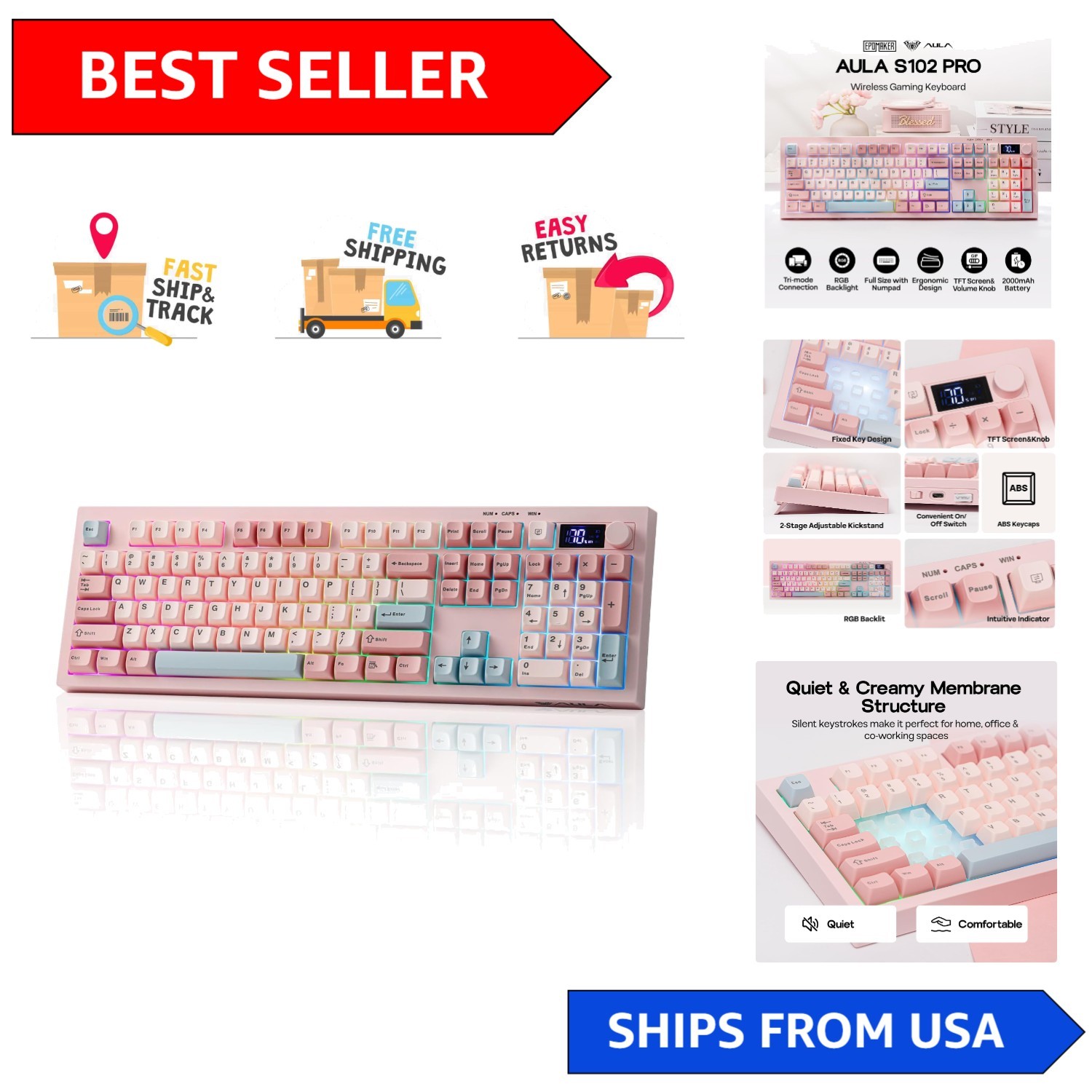 Aula S102 PRO Tri-Mode Wireless Gaming Keyboard - Stylish Pink with RGB Lighting