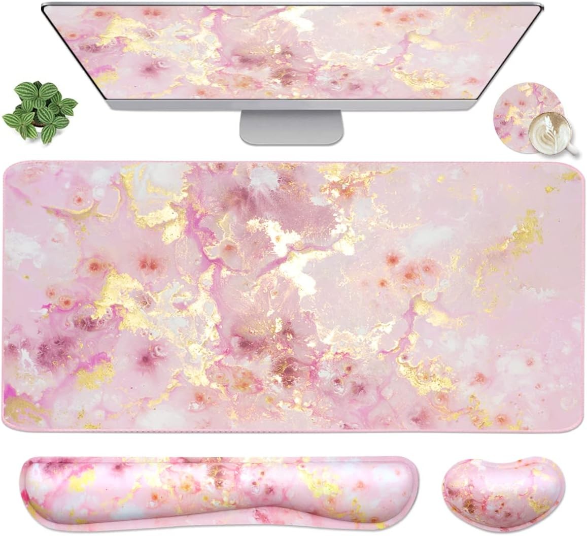 3in1 Gaming Mouse Pad Keyboard Wrist Rest Set Large Extended Desk Mat Pink Marbl