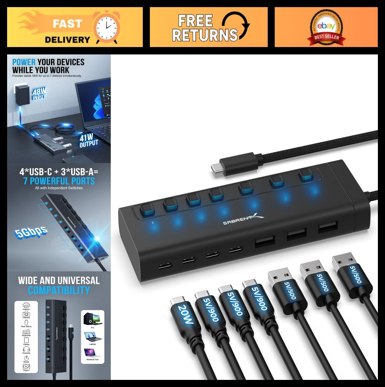 7-Port USB-C Hub with Power Switches, 5Gbps USB 3.2, 48W Power, LED Status, Alum