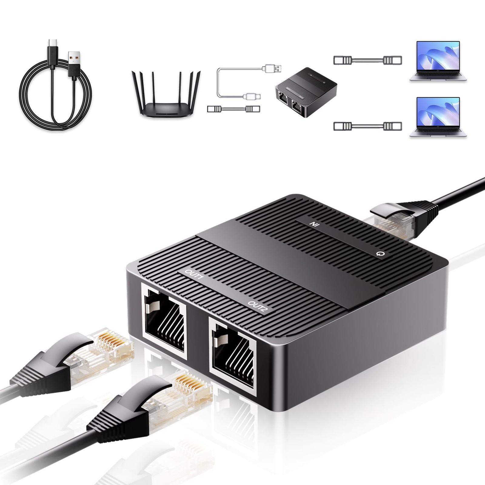 1 to 2 Gigabit Ethernet Splitter, 3-Port 1000Mbps Network Switch with Type-C Pow