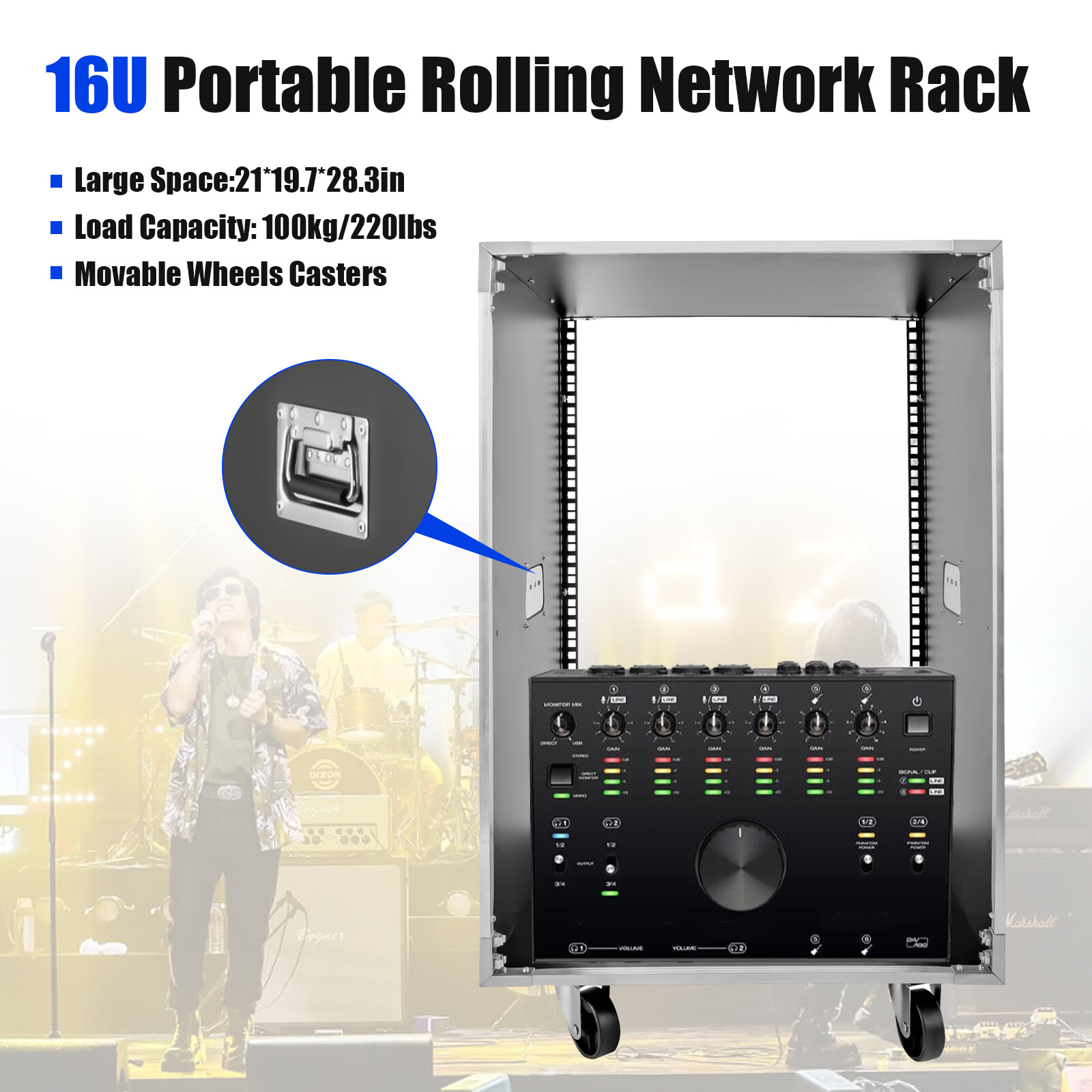 16U Server Rack Open Frame Rolling Network Data Rack 19 inch w/ Casters 4 Post