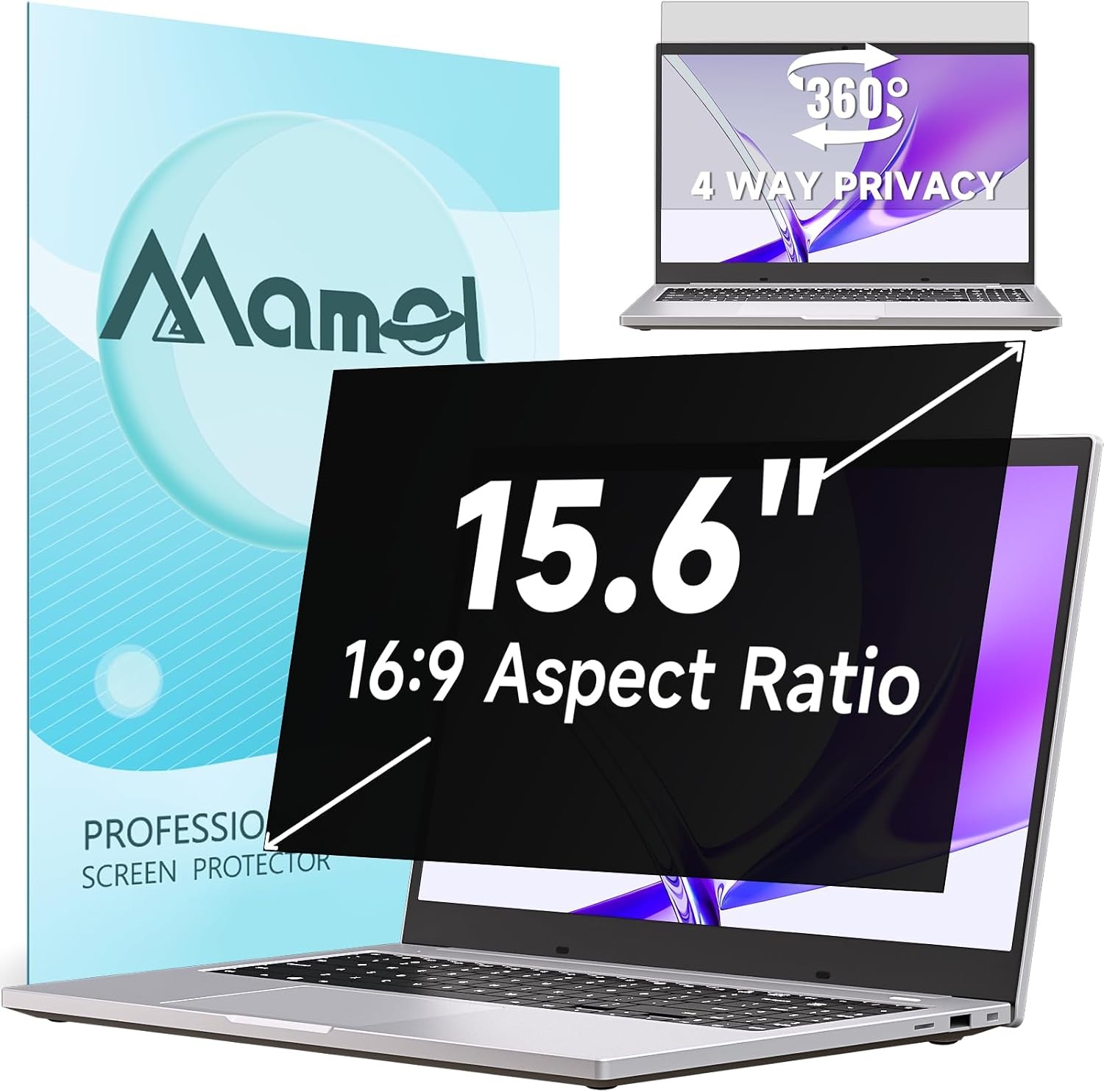 360° Privacy Screen for Laptop 15.6 Inch 16:9, Anti Glare Blue Light Filter