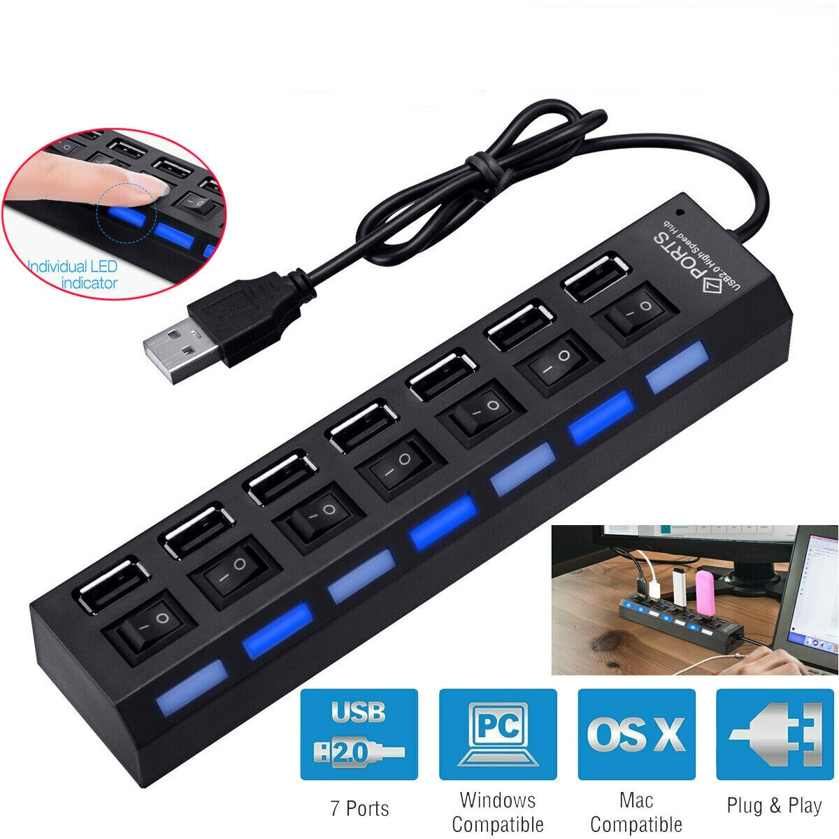 New 7-Port USB 2.0 Hub with Independent Switches - High-Speed Expansion Dock