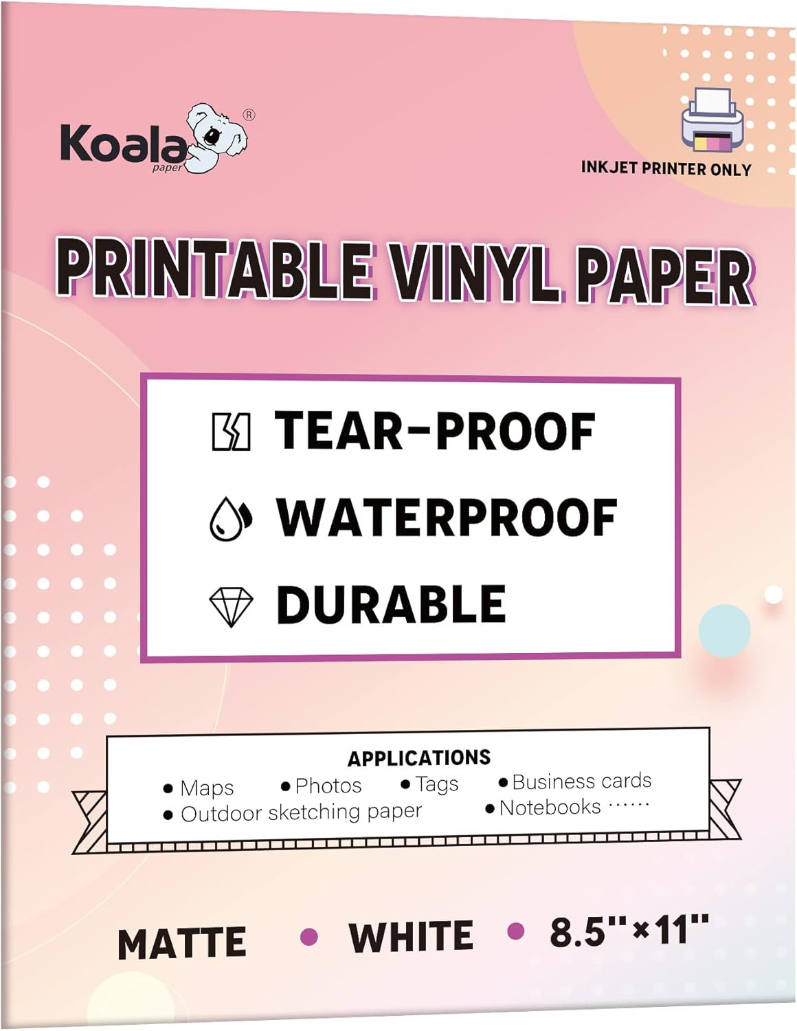 Waterproof Paper for Inkjet Printer, 8.5X11 Inch 30 Sheets, Matte White Tear-Res