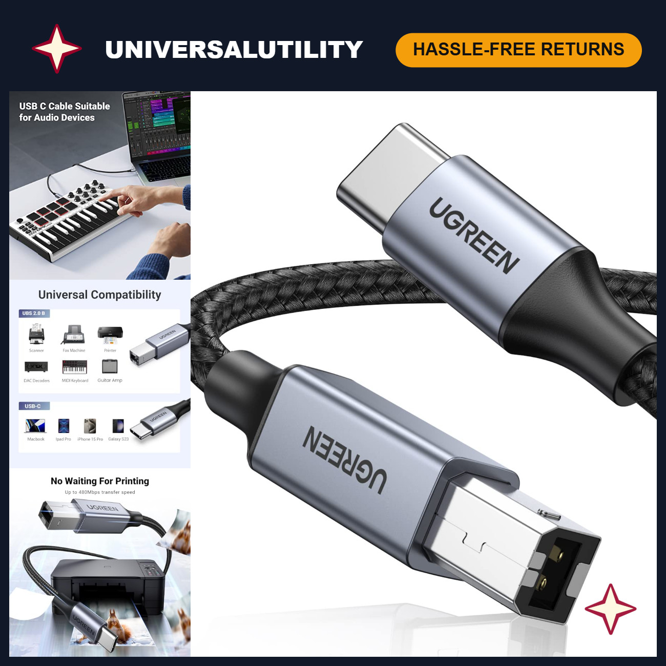 16FT USB-B to USB-C Cable, Nylon Braided, Durable for Printer & MIDI Devices