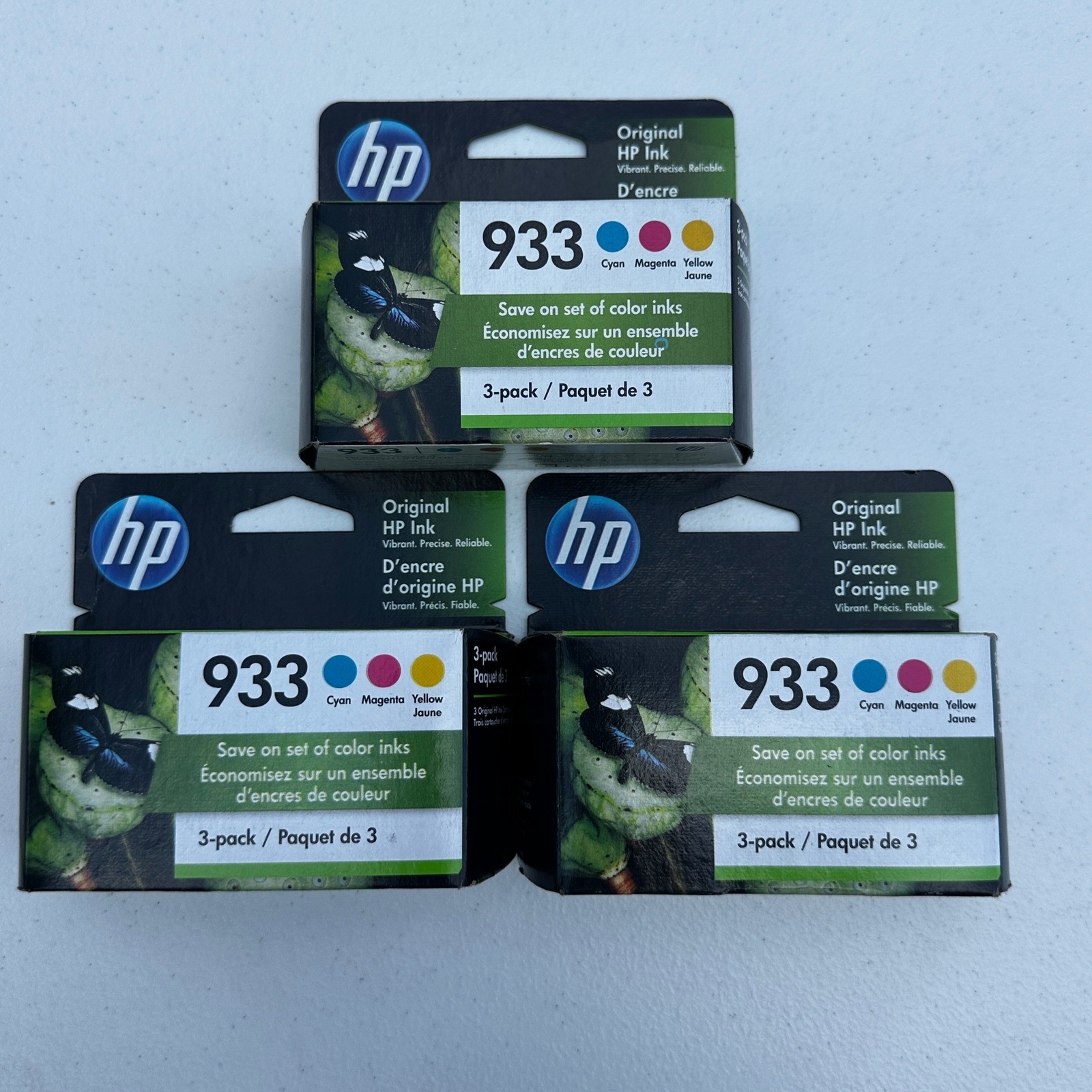 Set of 3 HP 933 N9H56FN 3-Pack Cyan Magenta Yellow Ink Cartridges EXP 05/2023