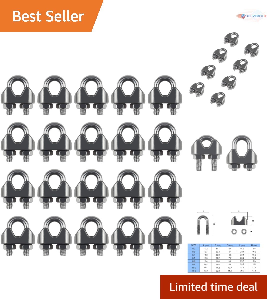 20PCS Stainless Steel Cable Clips 1/8" for Rigging, Secure Loads, Durable