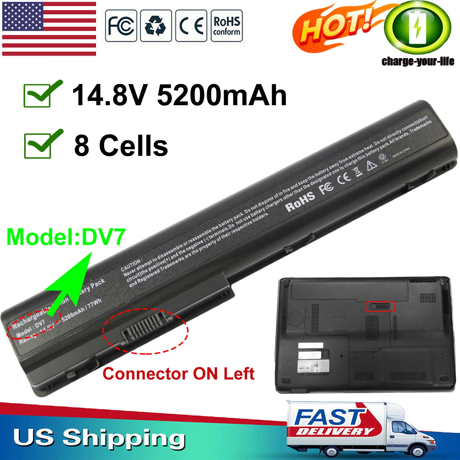 ✅8 Cells HDX18 Battery For HP Pavilion dv7 dv8 HSTNN-OB75 HSTNN-OB74 HSTNN-IB74