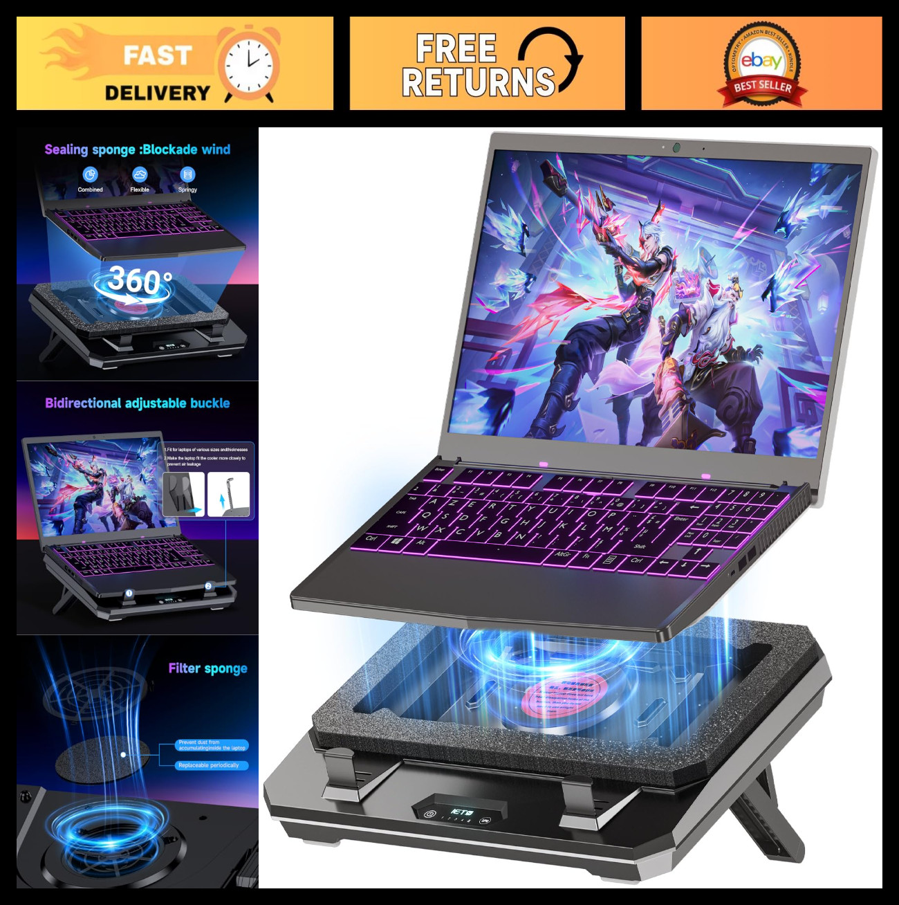 Upgraded Laptop Cooling Pad with Adjustable Stand & Turbo Boost for 10-17" Gamin