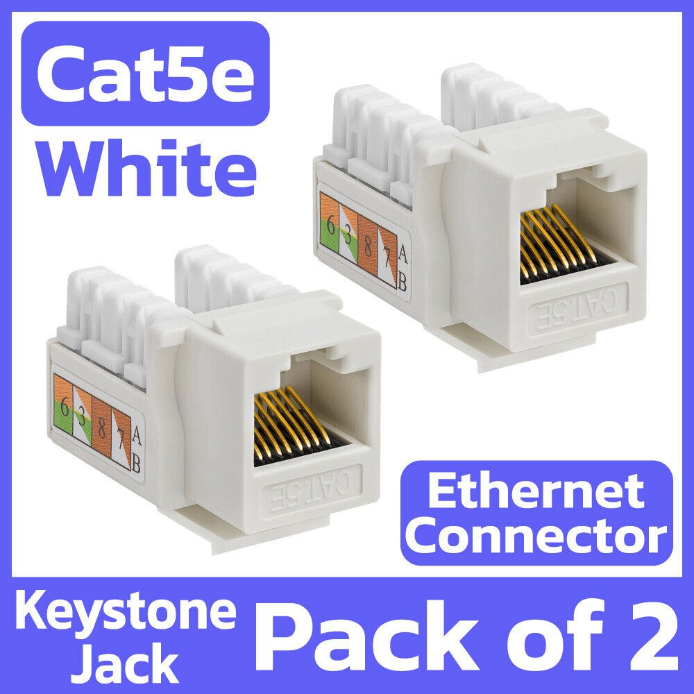 2 Pack Cat5e Keystone Jack White Ethernet 8P8C RJ45 Network 110 Punch Down LAN