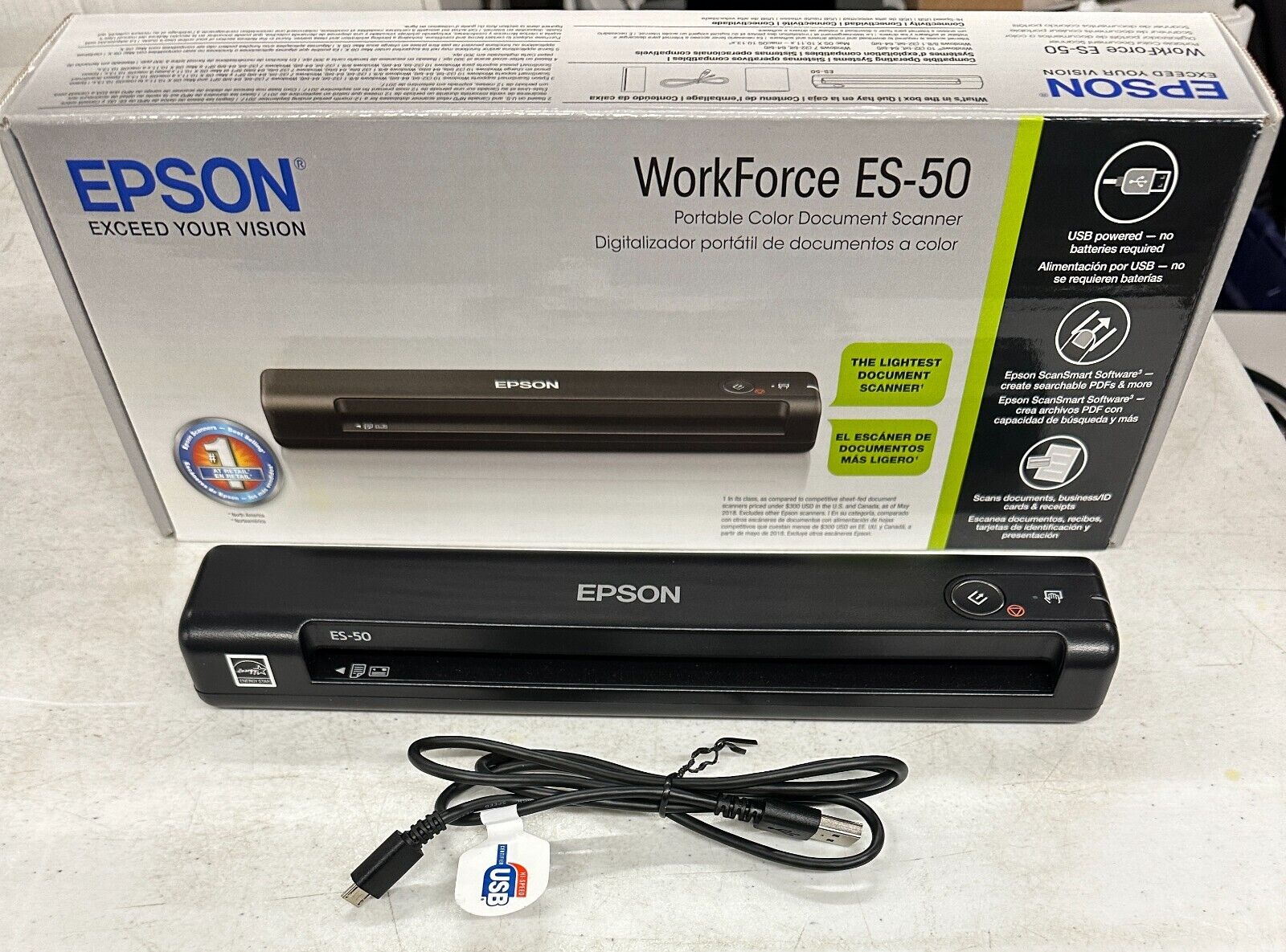 Epson WorkForce ES-50 Portable Color Document Scanner Tested Works FREE US Ship