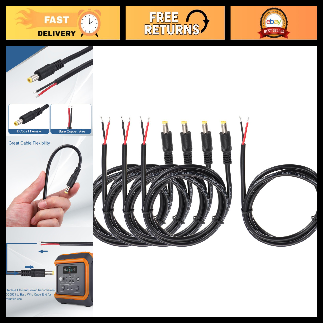 5pcs DC Power Pigtails Cable 5.5mm x 2.5mm Male Barrel Plug to Bare Wire 100cm f