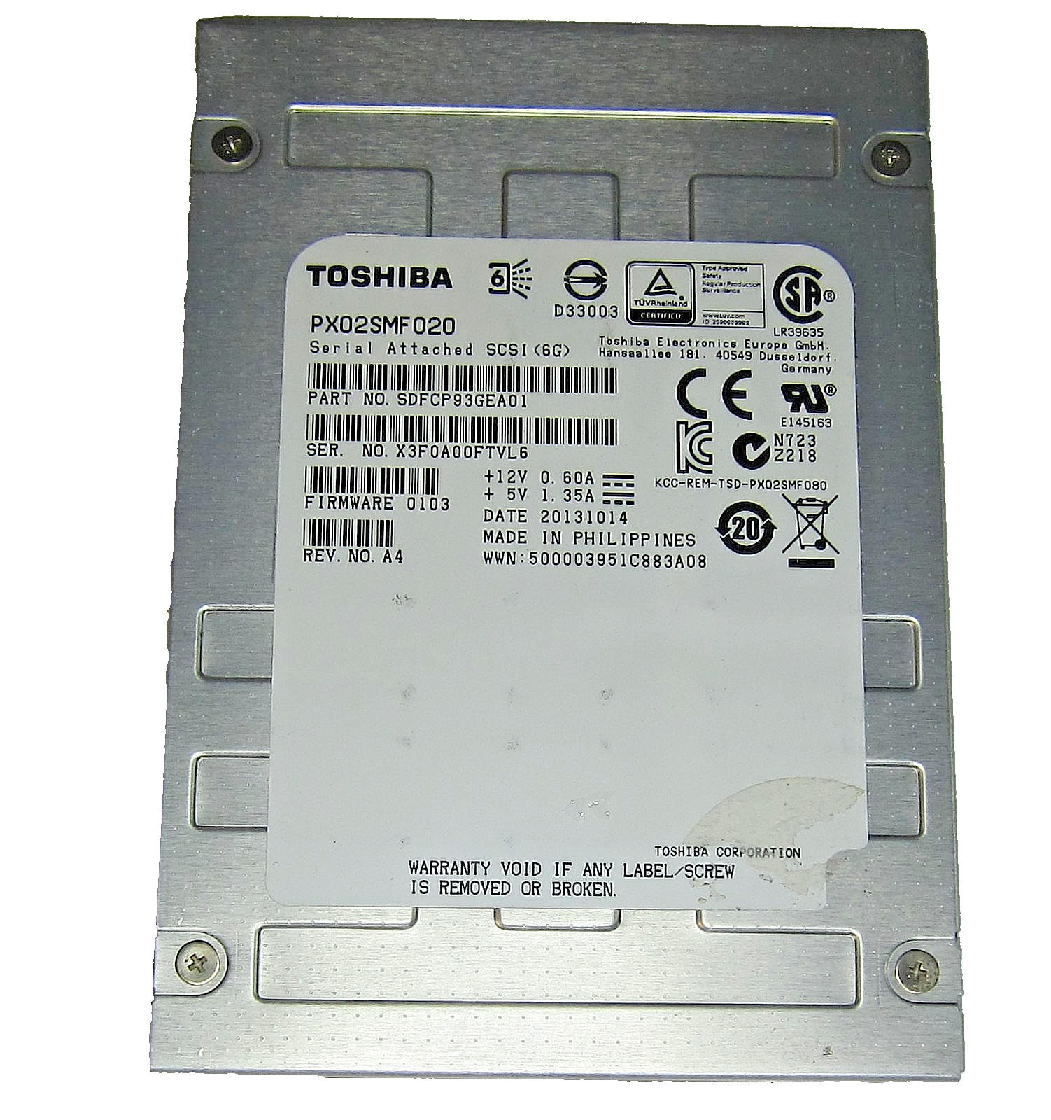 200GB Toshiba PX02SMF020 2.5" 6G SAS SSD Solid State Drive SDFCP93GEA01