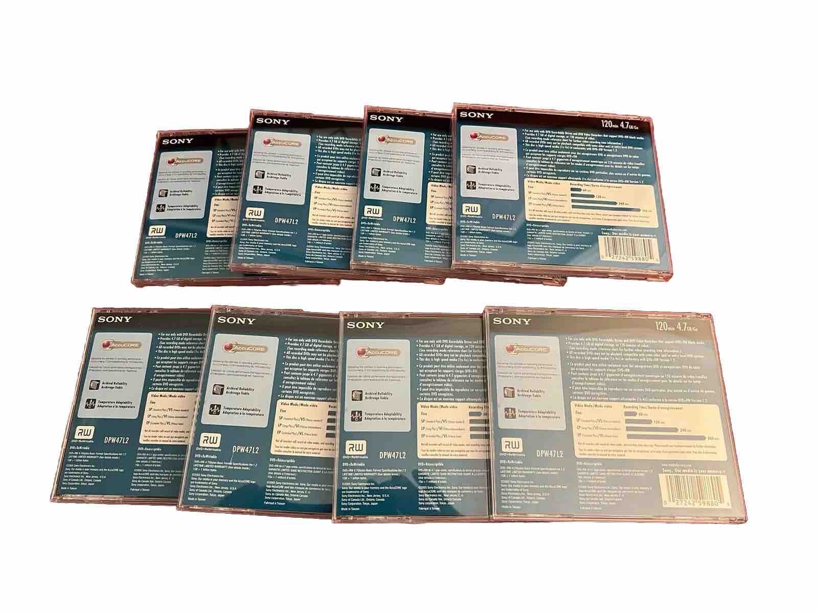 Lot Of 8 New Sony DVD+RW 120min. 4.7GB Recordable Rewritable Disks AccuCORE