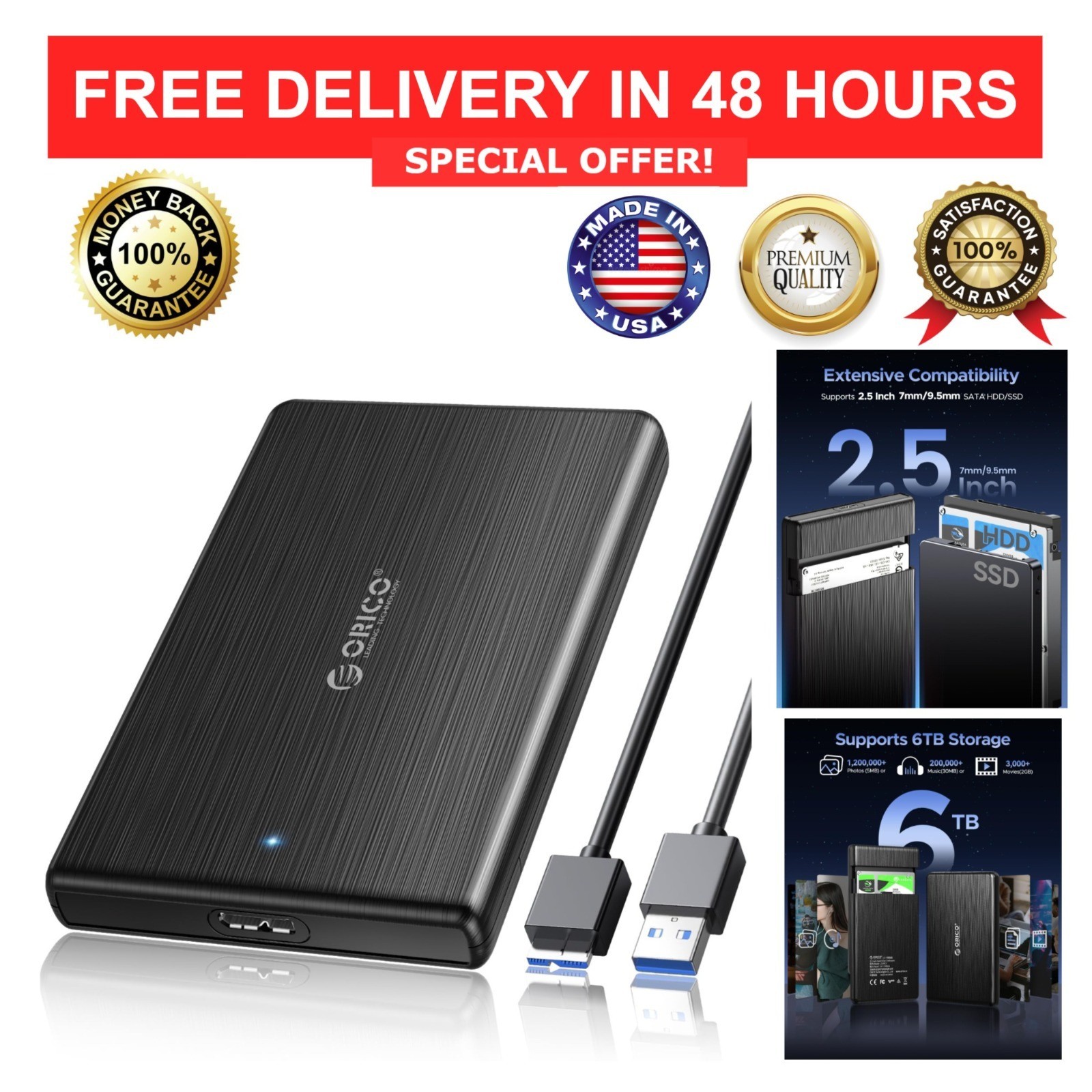 ORICO 2.5" USB 3.0 to SATA III External Hard Drive Enclosure Tool-Free UASP