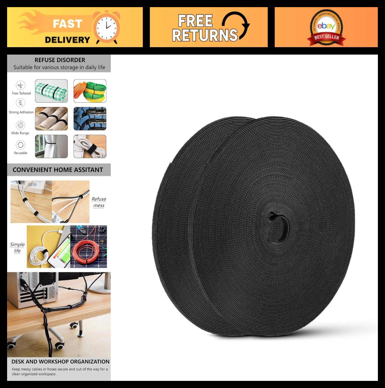 54 Yards Adjustable Cable Ties - Reusable Hook Loop Straps for Cord Management,