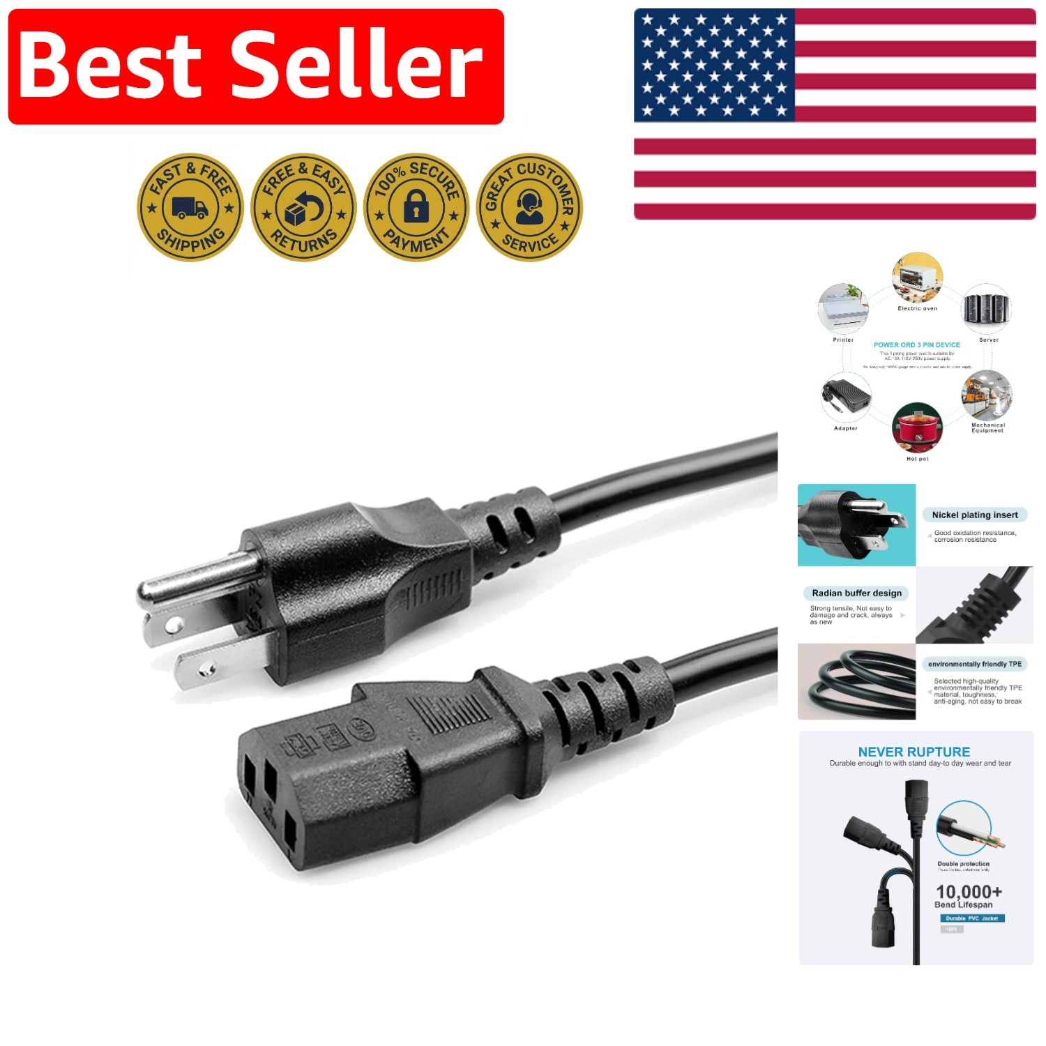 Universal 3 Prong AC Power Cord 13.2Ft for Treadmills & Projectors - Durable