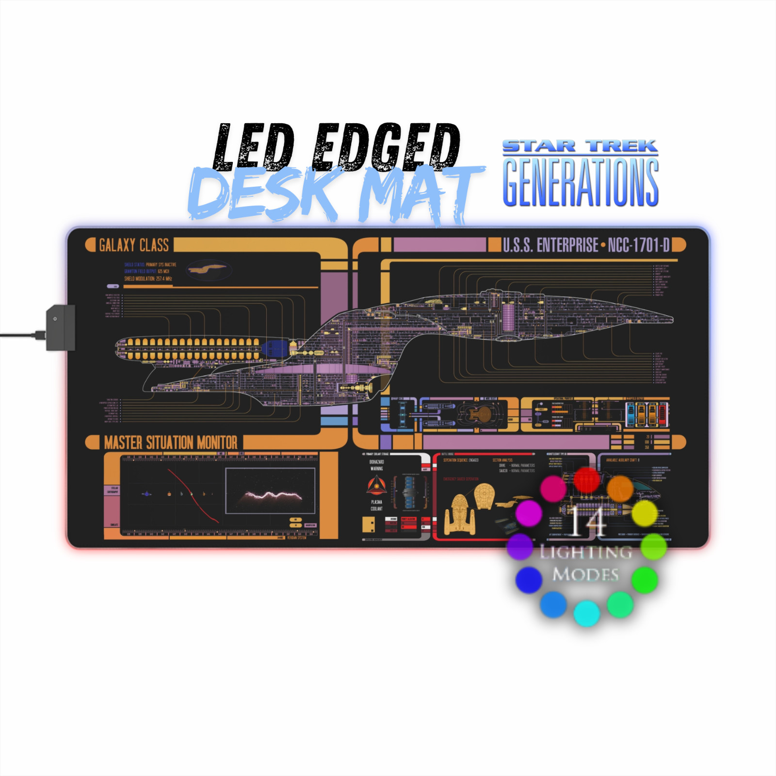 USS Enterprise D LCARS Mousepad, Star Trek Desk Mat I LED RGB Gaming Playmat Pad