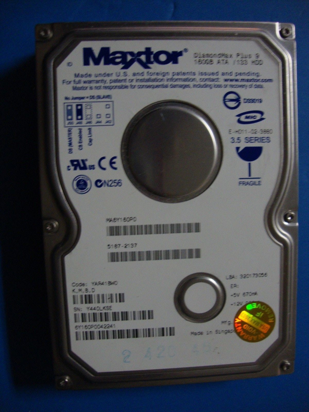 Maxtor DiamondMax +9 6Y160P0 IDE 120GB Hard Drive YAR41BW0 K M B D Tested